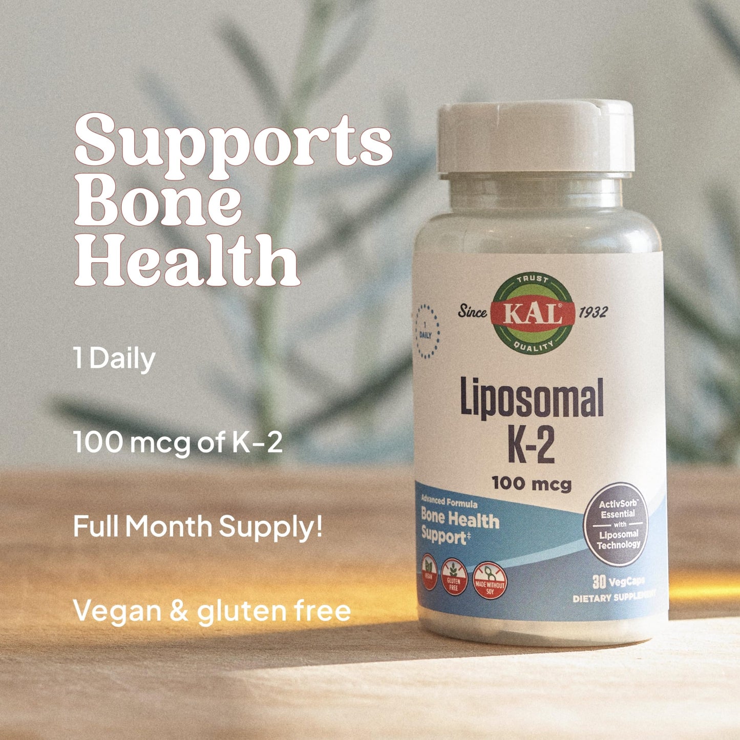 KAL Liposomal Vitamin K2 Supplement with MK7 100 mcg Capsules, 30 Count