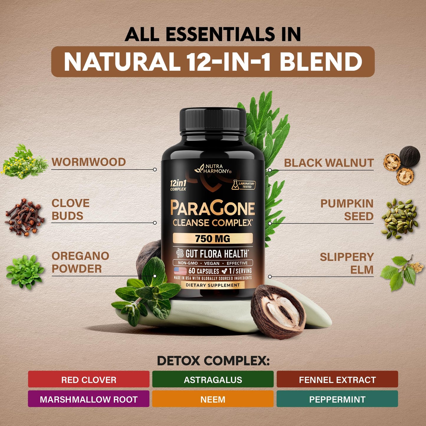 NutraHarmony Wormwood, Black Walnut, Clove - Cleanse, Detox & Gut Flora Support, 60 Capsules