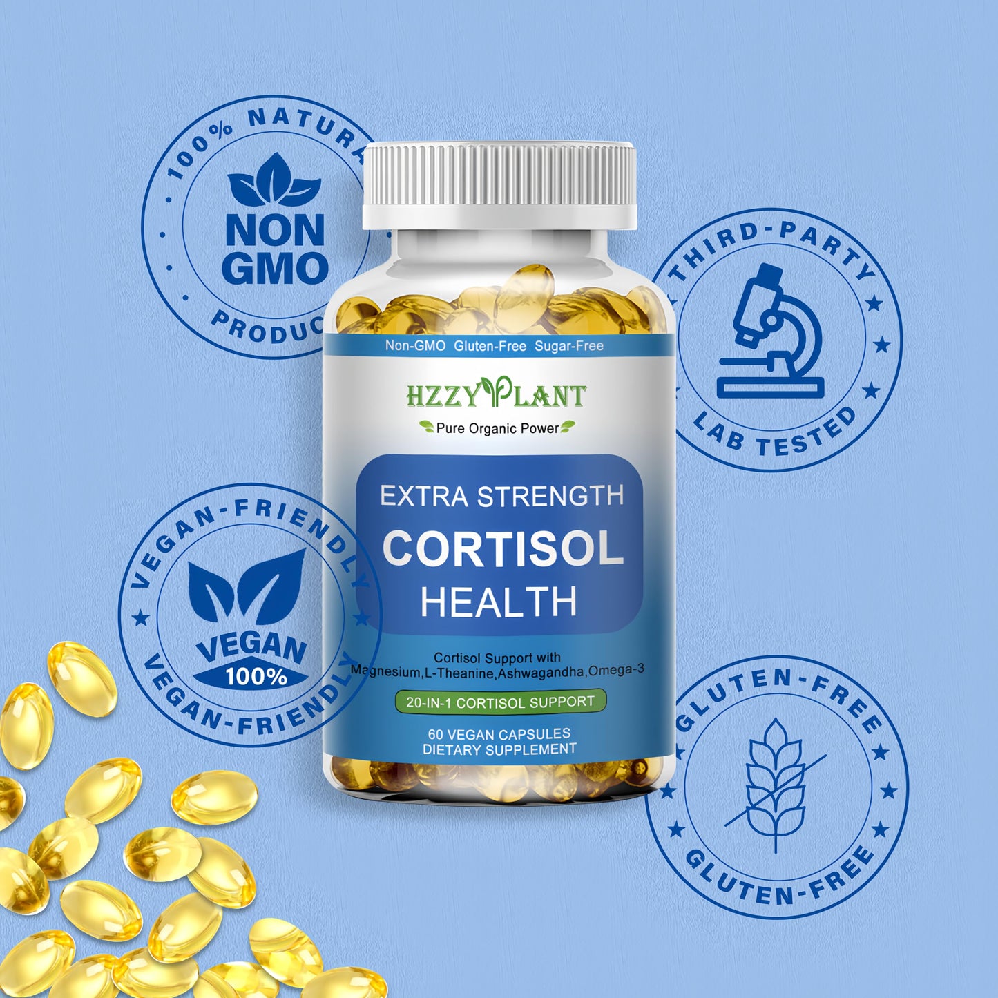 HZZYPLANT Cortisol Support Softgels with Phosphatidylserine, Magnesium, Ashwagandha, L-Theanine, 60 Softgels