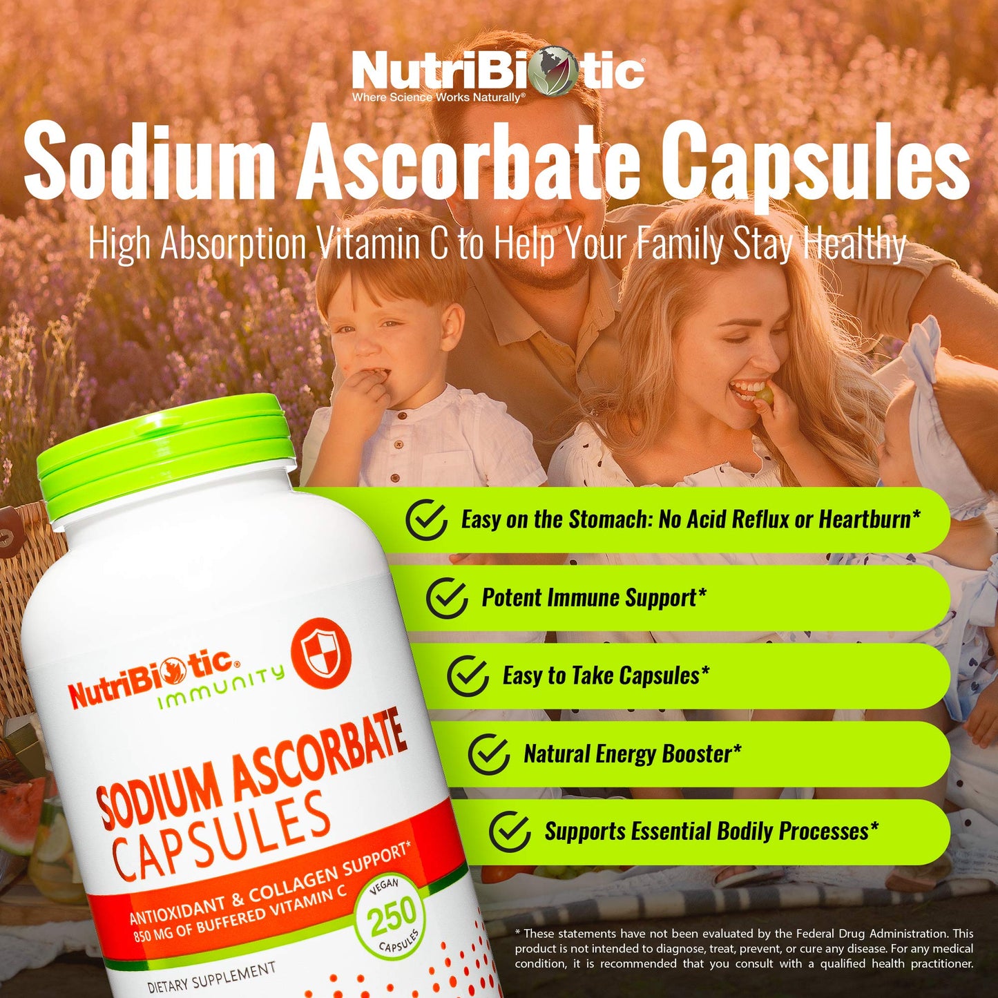 NutriBiotic Sodium Ascorbate Buffered Vitamin C Capsules, 250 Capsules