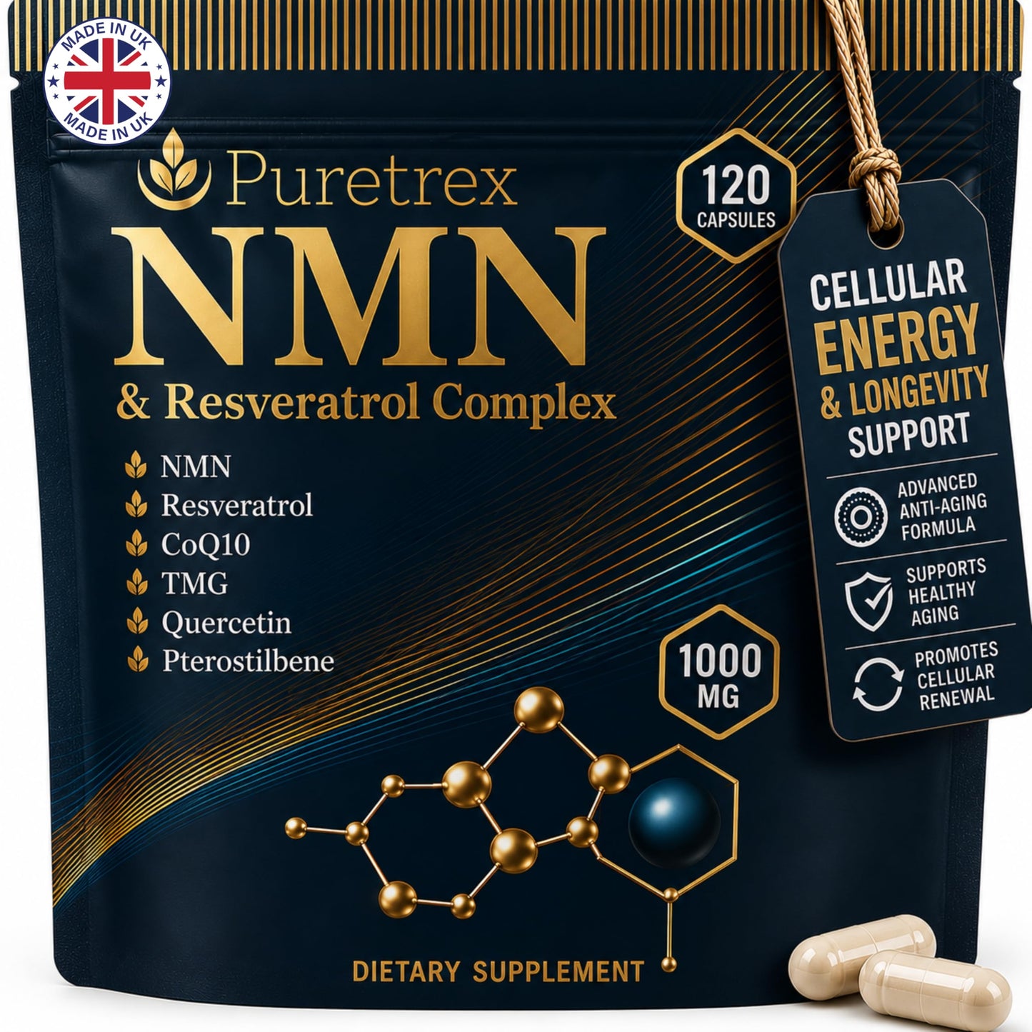 PURETREX NMN 1000mg with Resveratrol, TMG, Pterostilbene, Quercetin, CoQ10, BioPerine Softgel 1