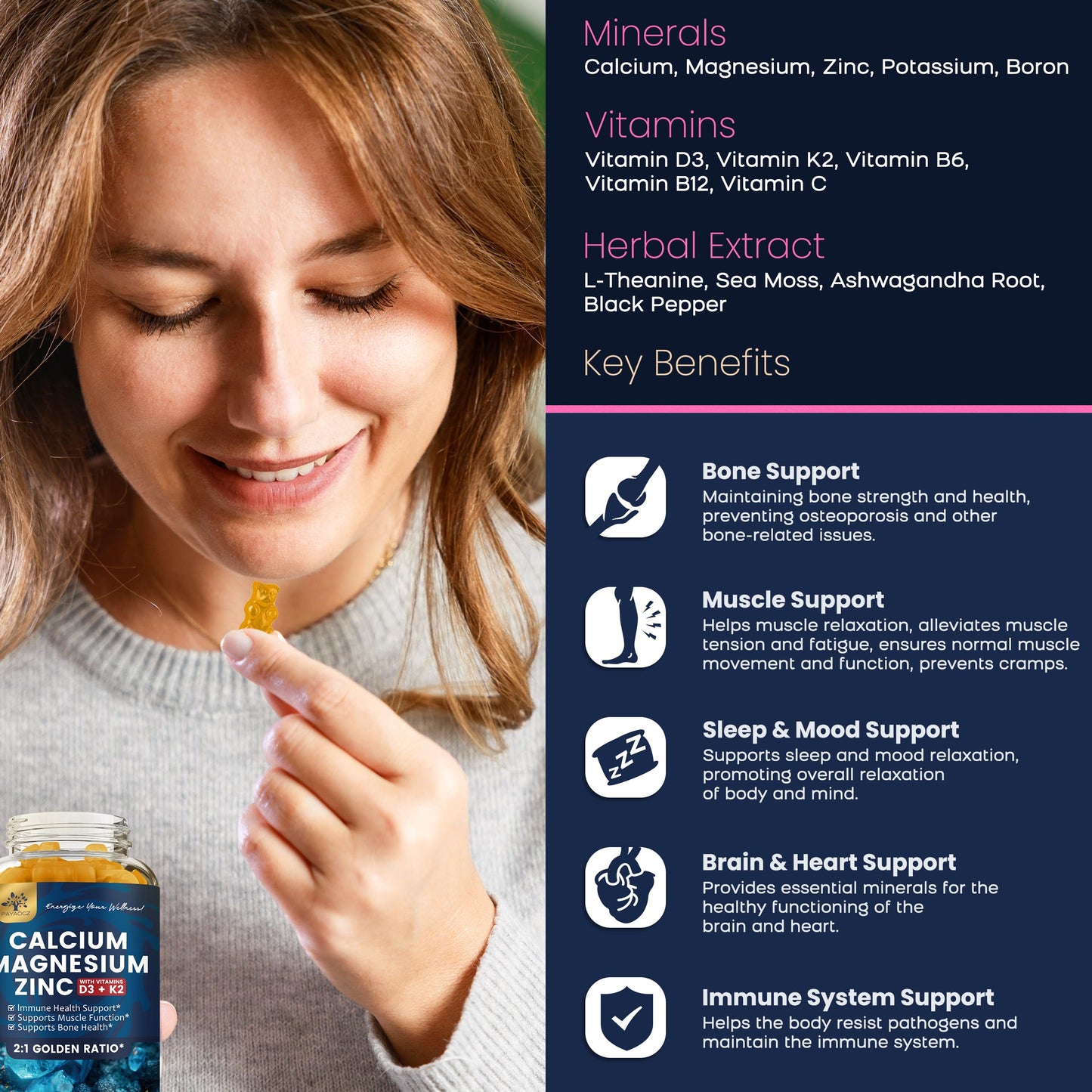 PAYAOCZ Calcium Magnesium Zinc Gummies with Vitamin D3, K2, B12 & B6 for Adults 120 Gummies