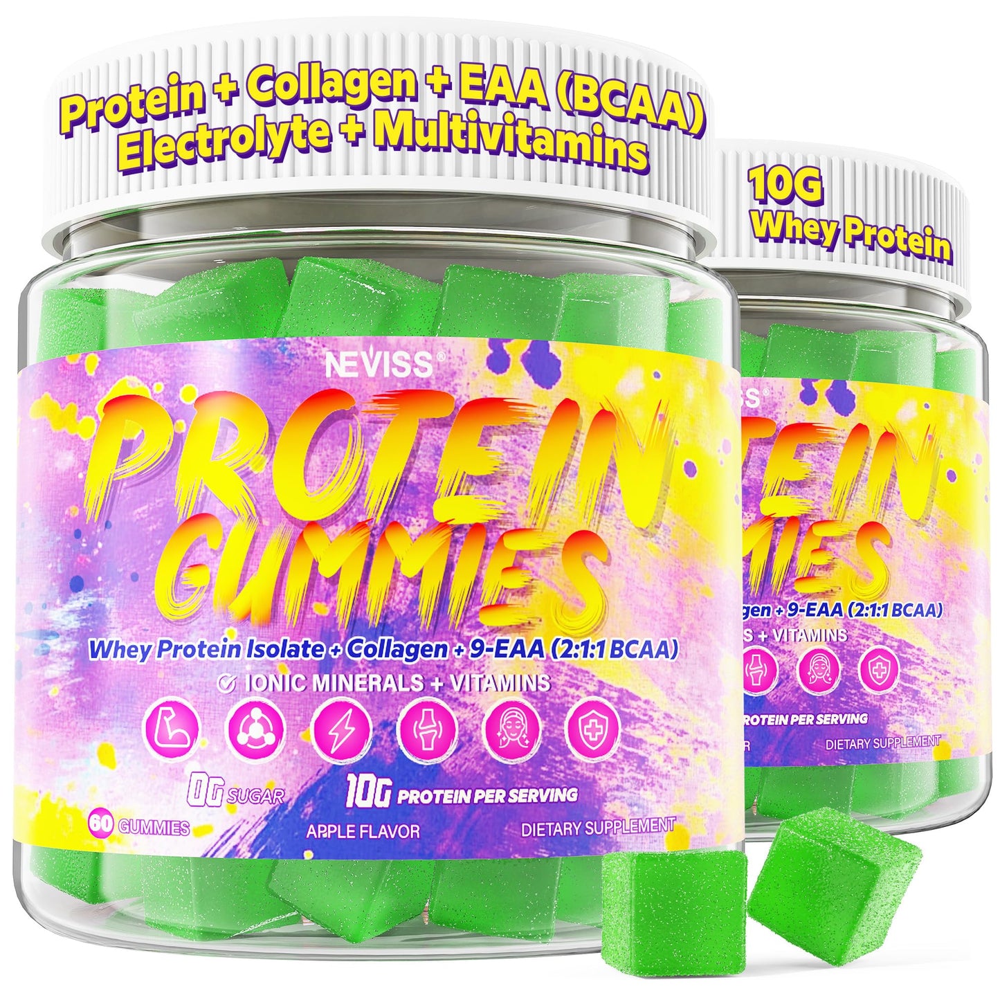 NEVISS Whey Protein Gummies 10g Grass-Fed + Collagen Peptides BCAA EAA GLP-1, 0.5 Ounce Pack of 2