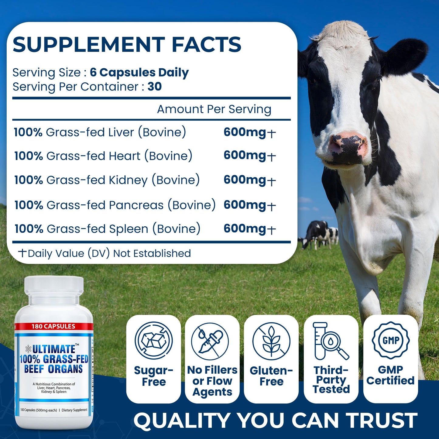 Ultimate 100% Grass Fed Beef Organs Supplement Capsules 180 Count
