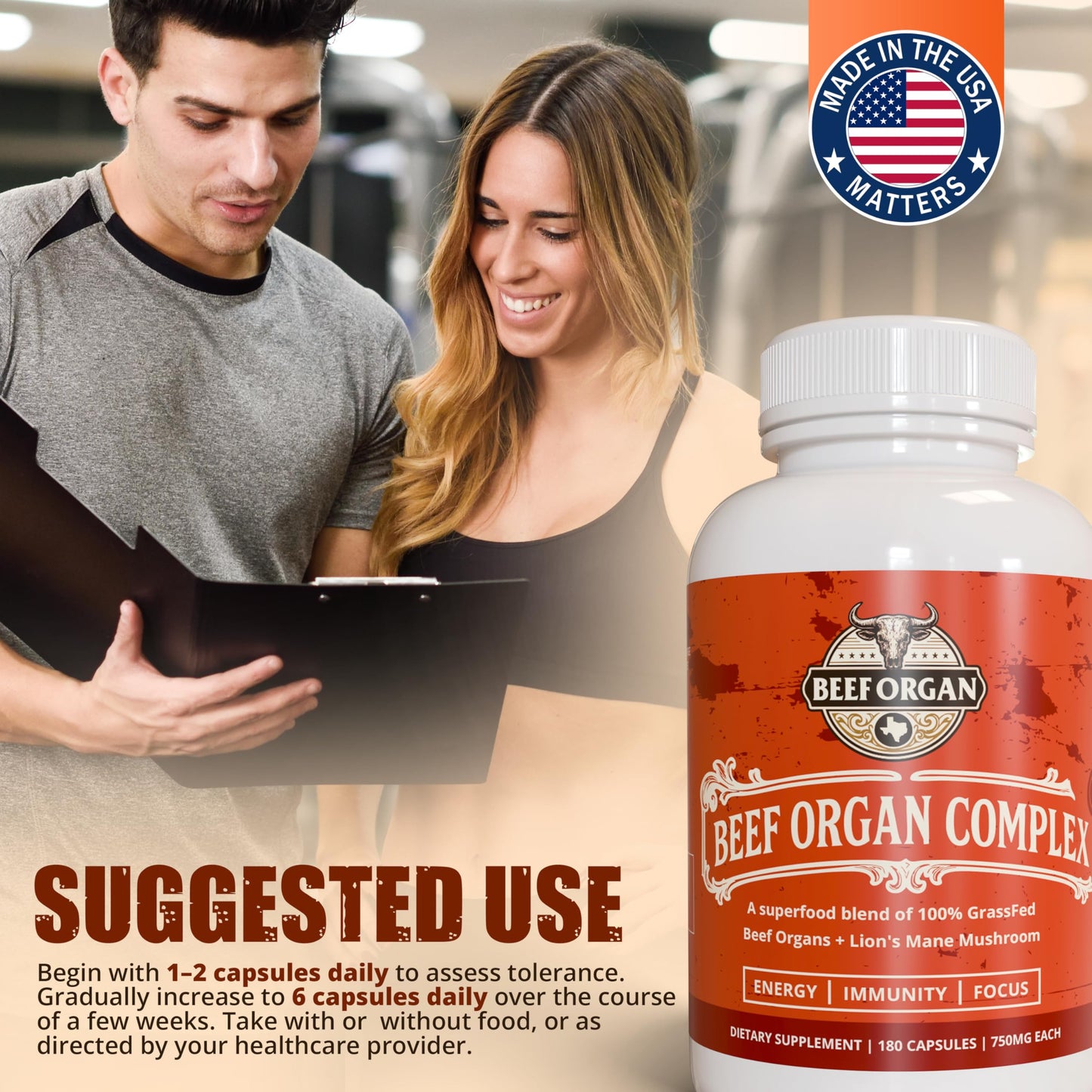 Ancient Diosa Grass Fed Beef Organ Complex 4000mg Supplement for Men & Women with Lion's Mane & Ceylon Cinnamon - Energy, Immunity & Focus - Pasture Raised, Third Party Tested & USA Made - 180 Capsules