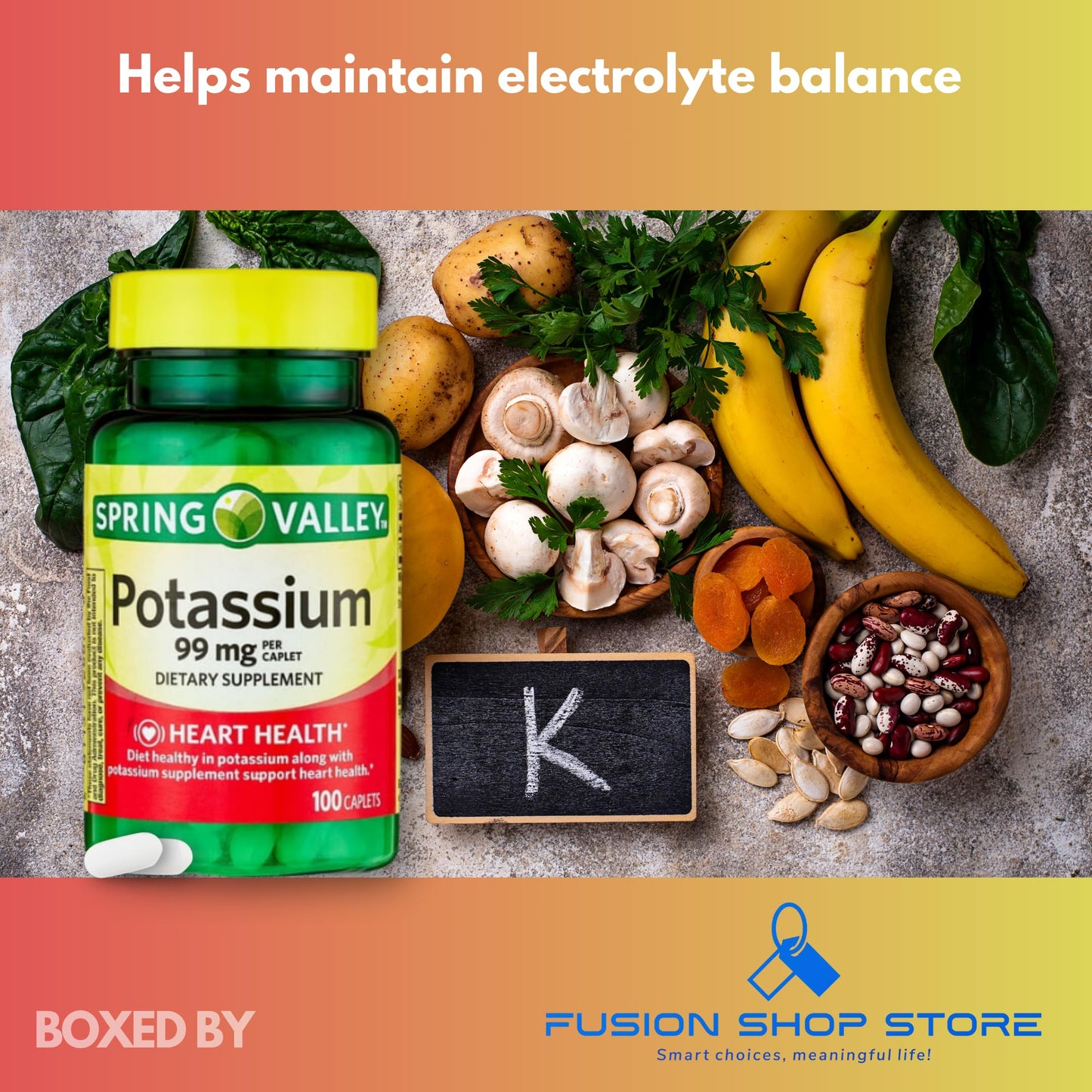 FUSION SHOP STORE Potassium 99mg Caplets, 100 Count
