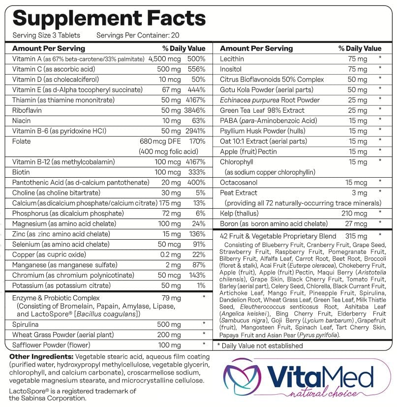 VitaMed Vita Forte Vegan Multivitamin with Probiotics, Digestive Enzymes & 42 Fruits & Vegetables Tablets, 60 Count
