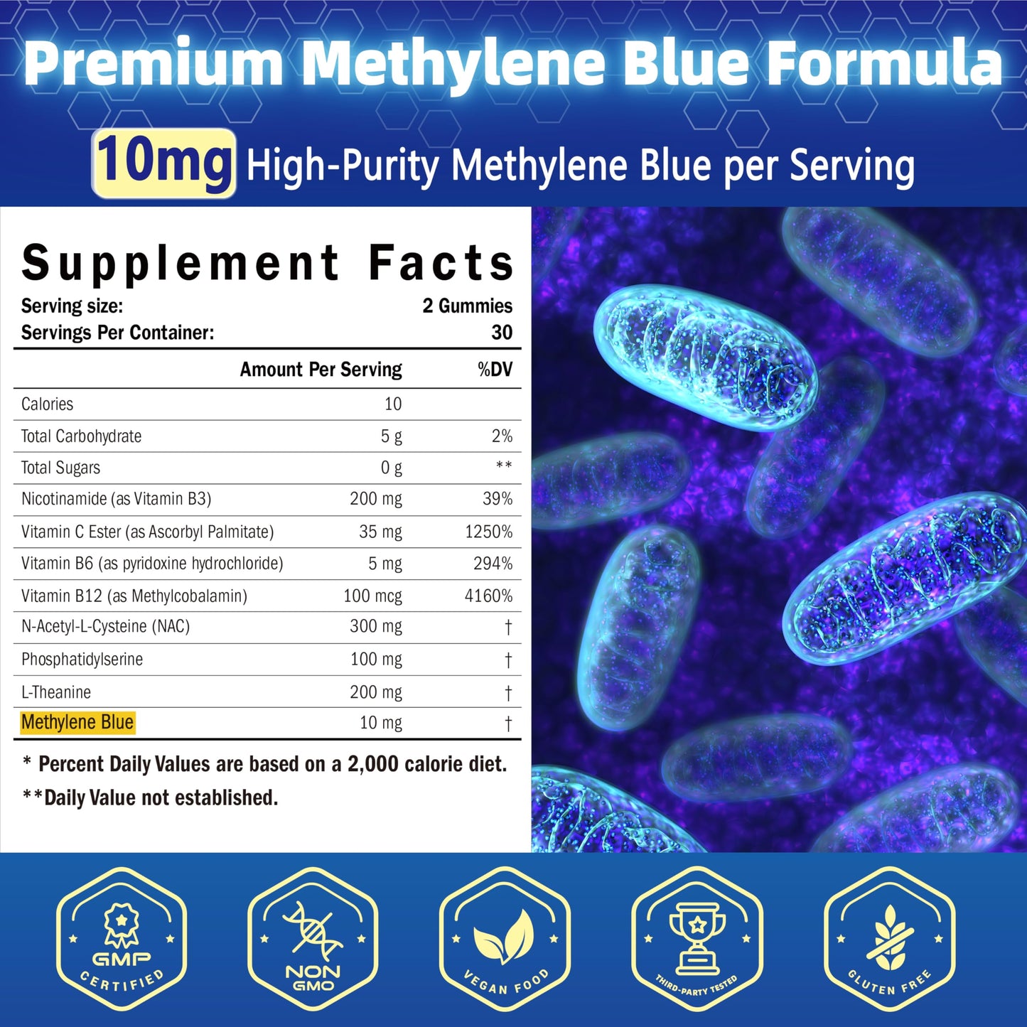 SUGAWITA Methylene Blue 10mg with NAC, B Vitamins for Adults, 60 Gummies