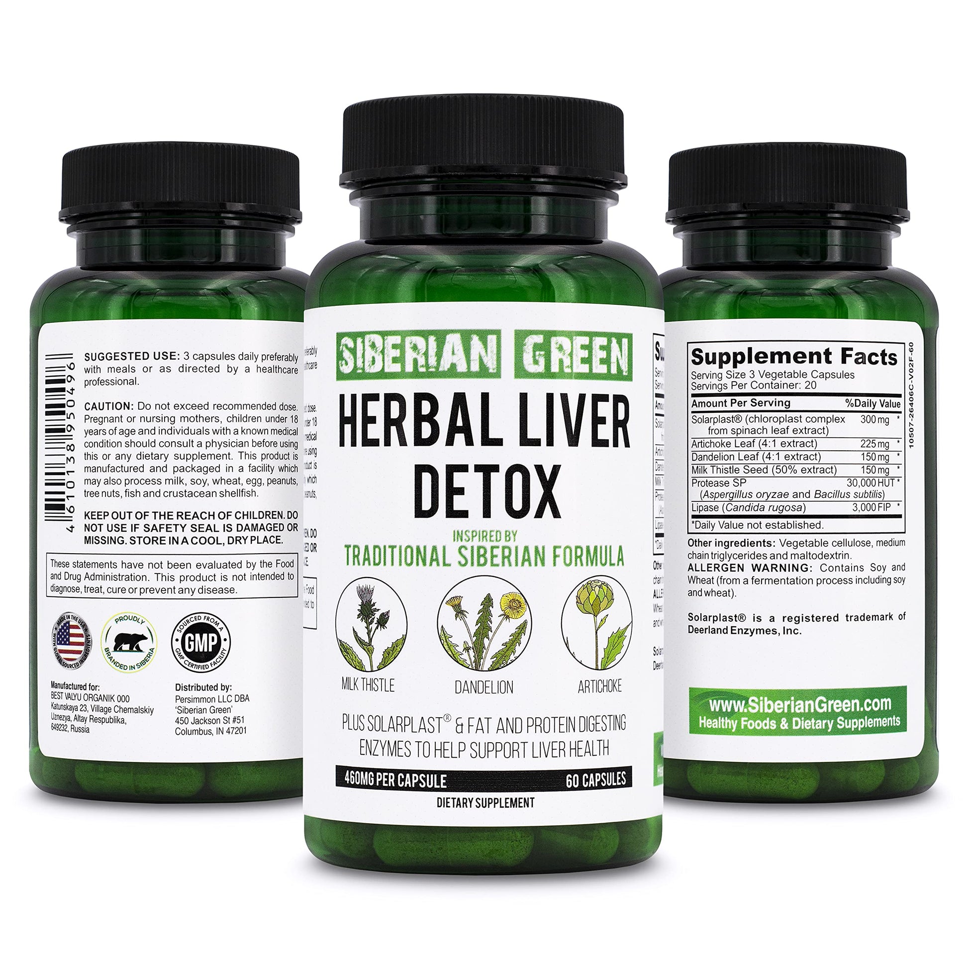 Siberian Green Herbal Liver Detox with Milk Thistle Artichoke Dandelion 60 Capsules