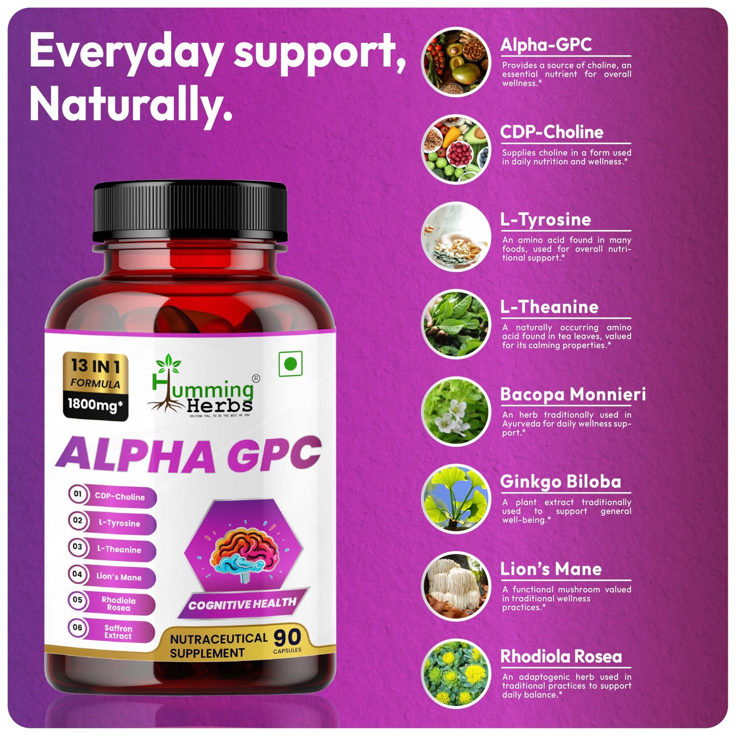 Humming Herbs Alpha GPC 300mg + CDP Choline Nootropic Brain Supplement - Memory Focus Mental Clarity - Lion's Mane, Bacopa, L-Theanine, Phosphatidylserine - 13-in-1 Formula, 90 Capsules