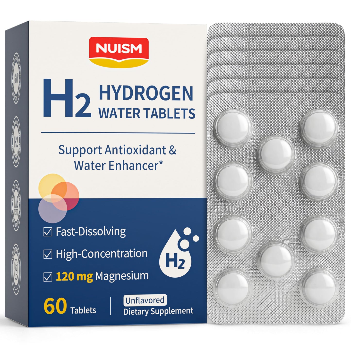 NUISM Molecular H2 Hydrogen Water Tablets with Magnesium, 16 PPM Hydrogen, Unflavored, 60 Tablets