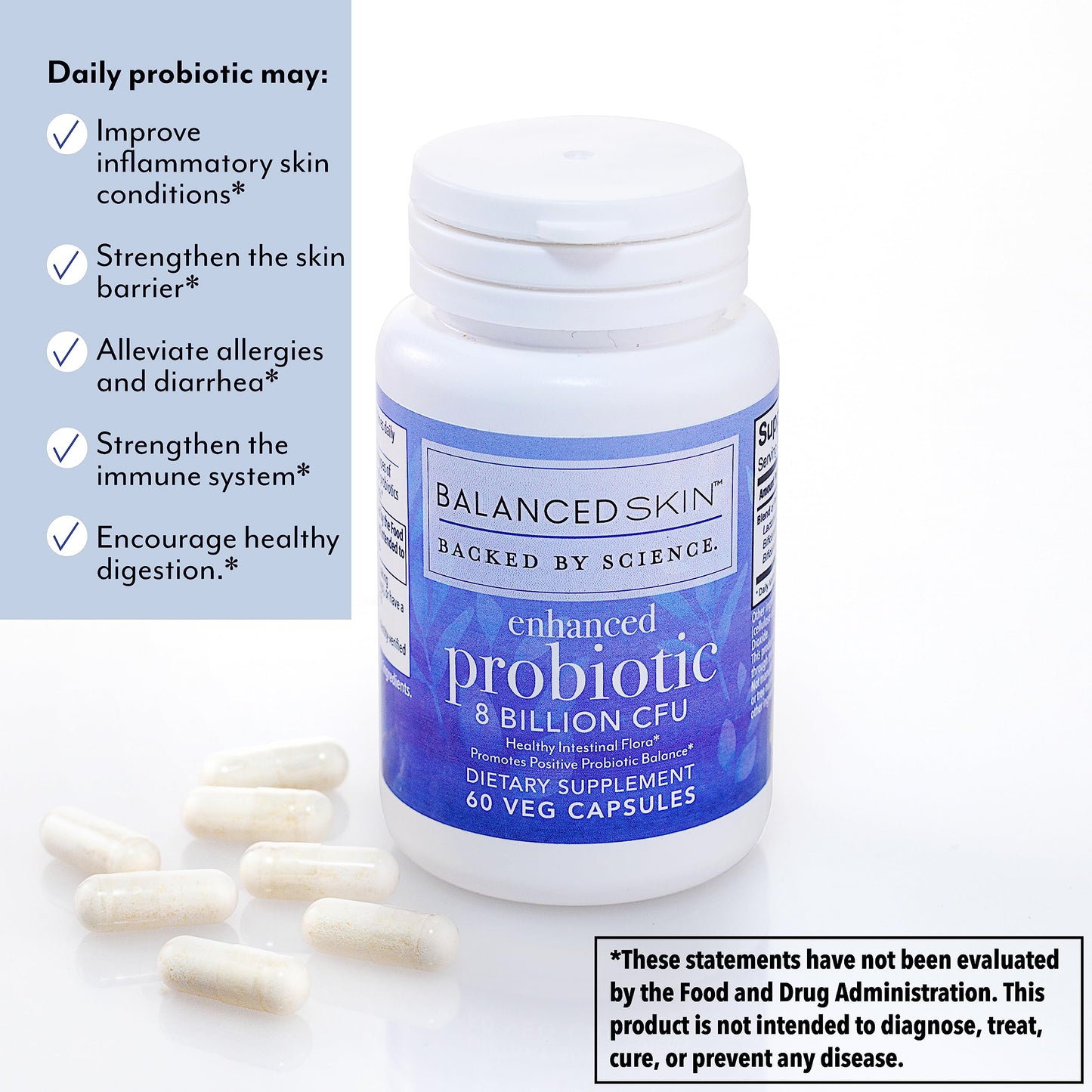 Balanced Skin Enhanced Probiotic - 8 Billion CFU Daily Gut & Skin Support with 3 Targeted Strains, Capsule, 60 Count