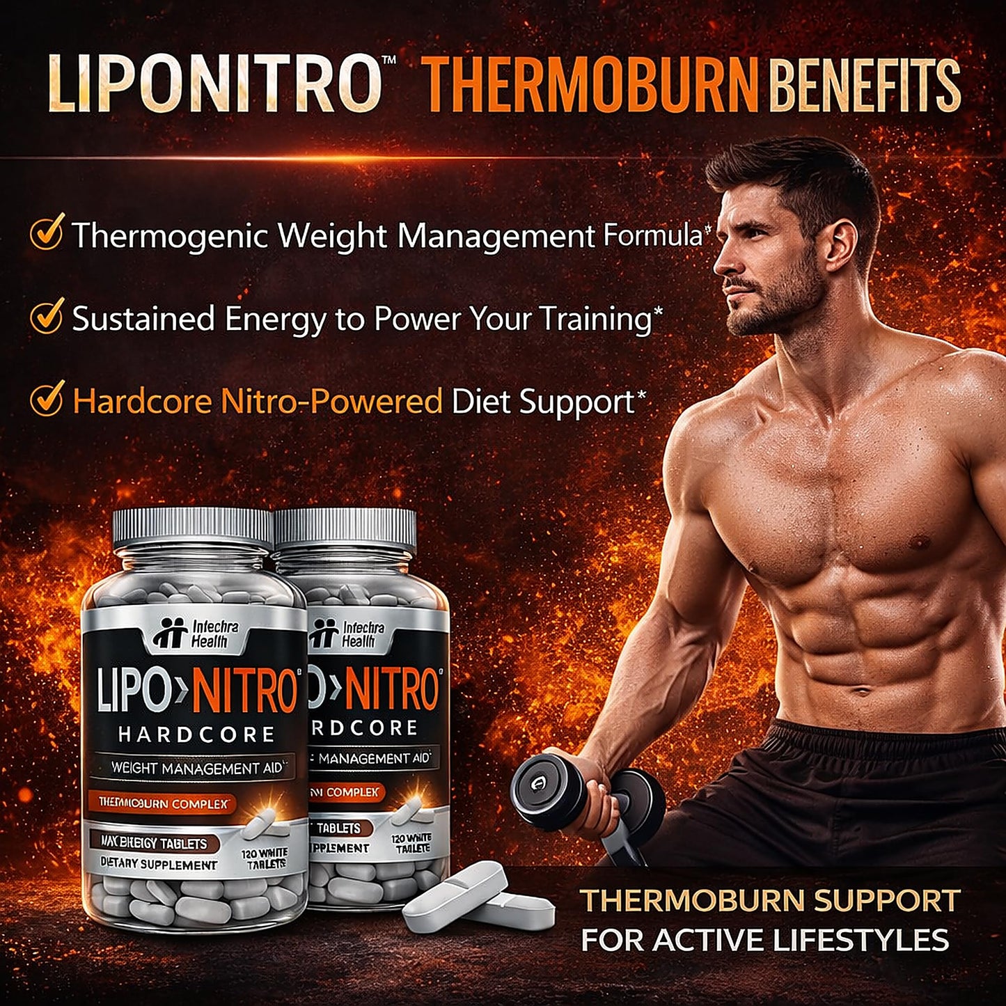 LipoNitro Thermo-Burn Diet Pills with Nitro Energy Dietary Supplement, 120 Tablets