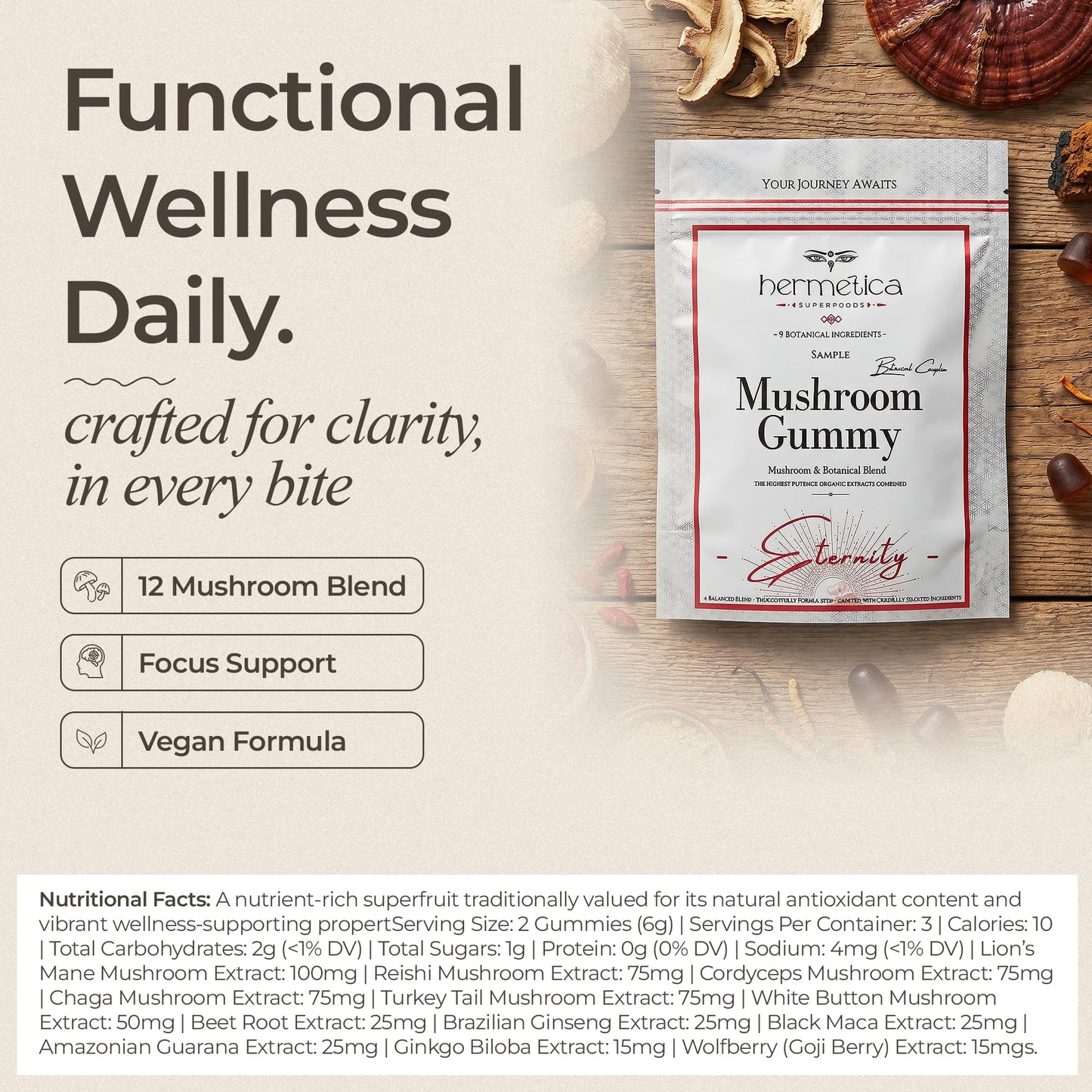 Hermetica Superfoods Eternity 12-in-1 Mushroom Gummies 60 Count