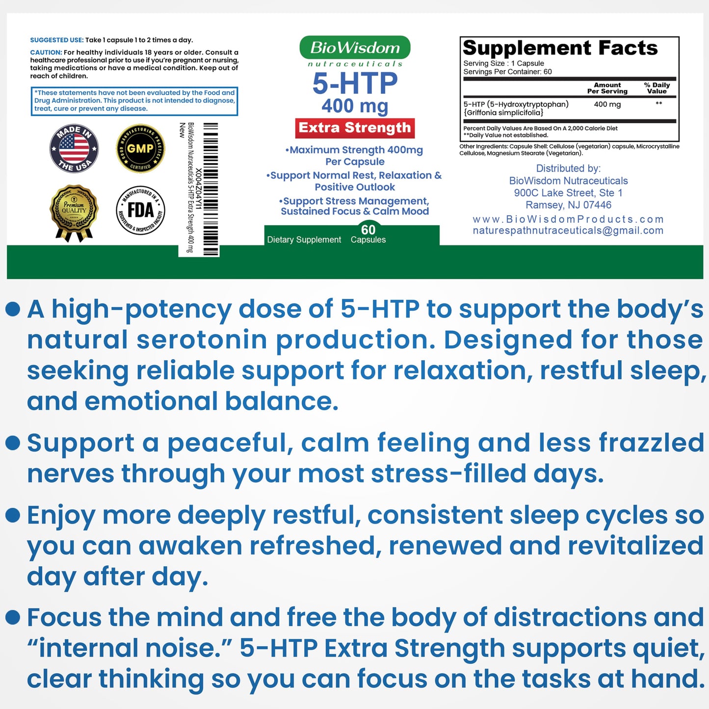 BioWisdom Nutraceuticals 5-HTP 400mg Capsule, 60 Count