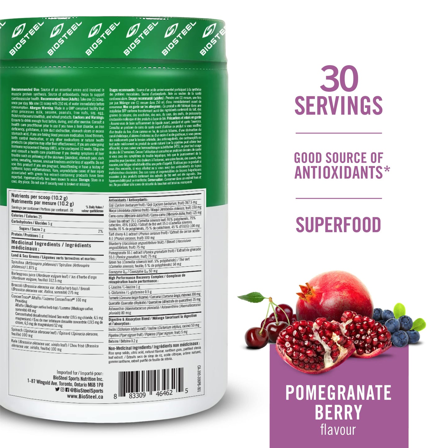 BIOSTEEL Sport Greens Powder Pomegranate Berry, 10.79 oz