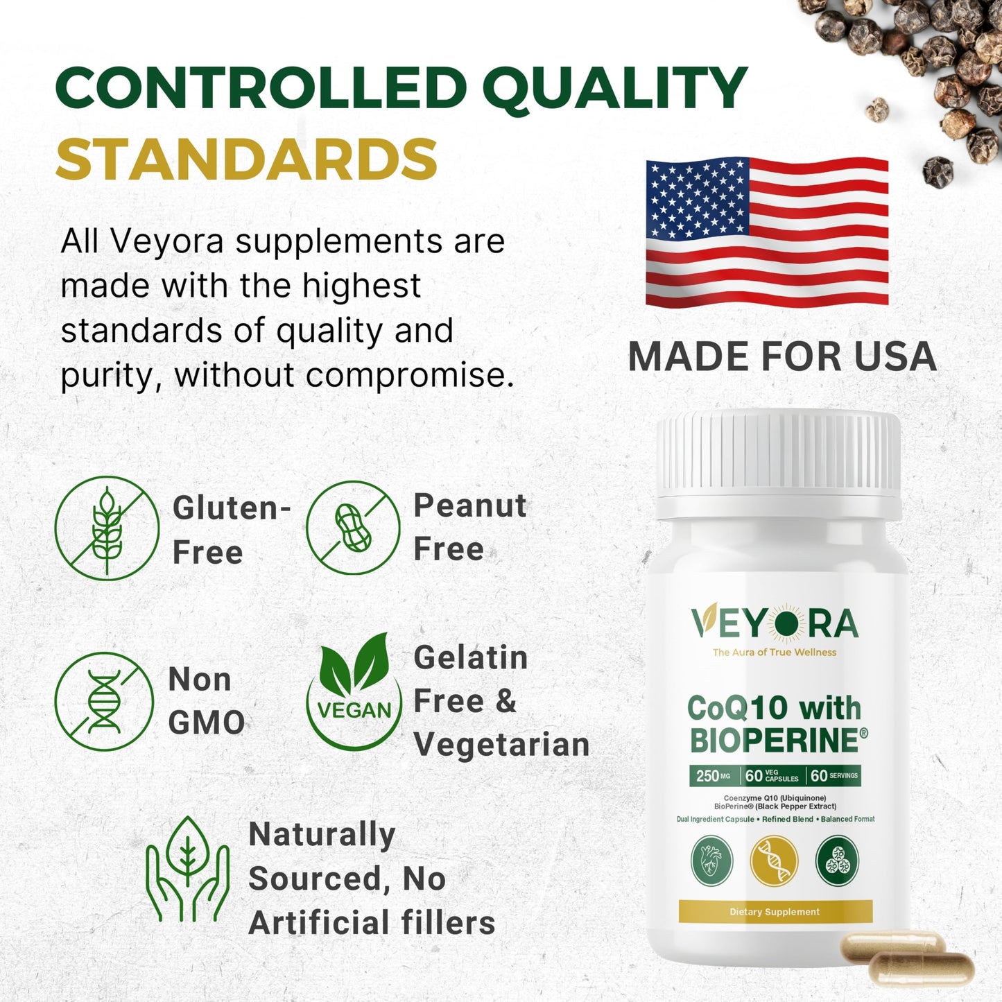 VEYORA CoQ10 with BioPerine 250 mg Capsules, 60 Vegan Capsules