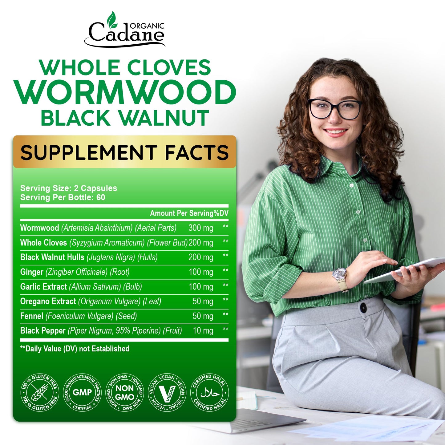 Organic Cadane Wormwood Whole Cloves Black Walnut with Ginger, Garlic, Oregano, Fennel & Black Pepper Digestive & Wellness Support 120 Capsules