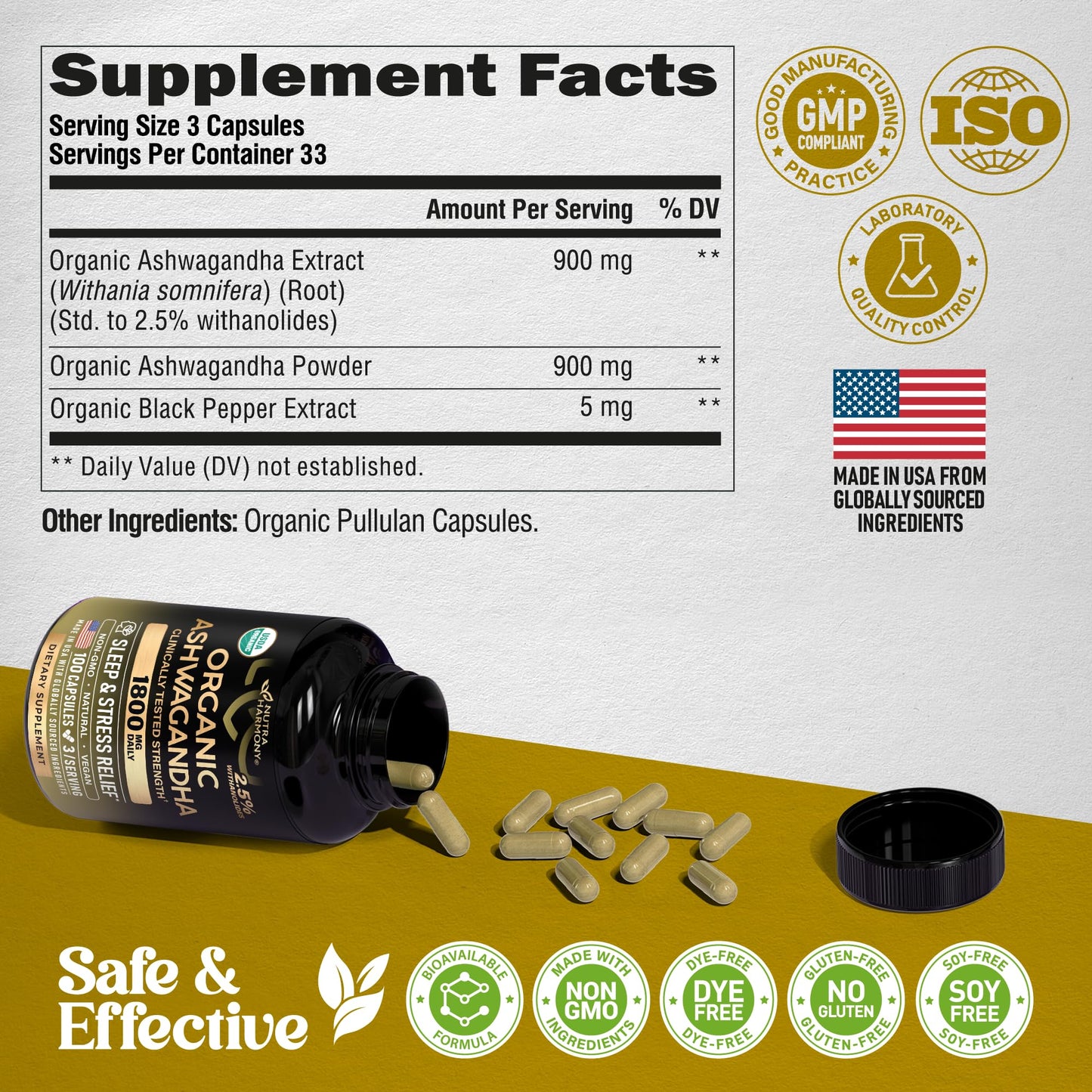 NUTRAHARMONY Ashwagandha Supplements 1800mg - USDA Organic for Women & Men Capsules, 100
