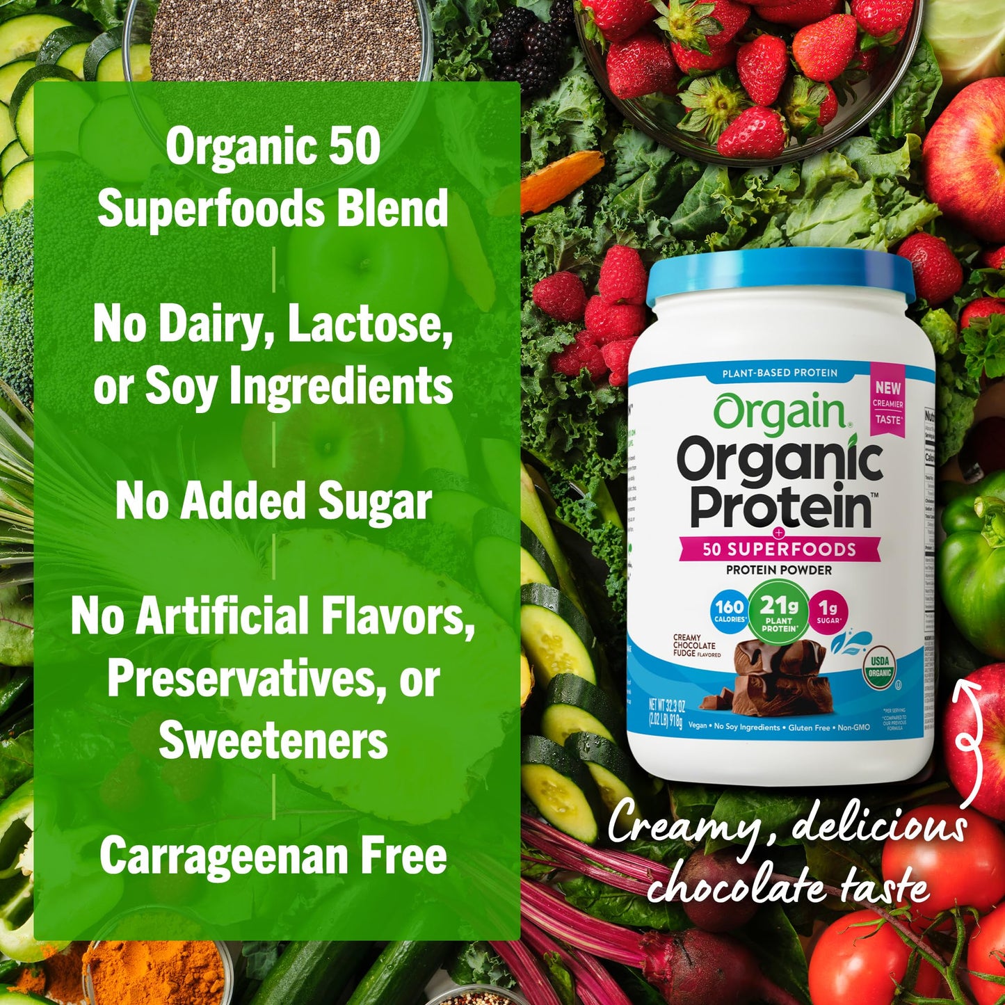 Orgain Organic Vegan Protein + 50 Superfoods Powder, Creamy Chocolate Fudge, 2.02 lb