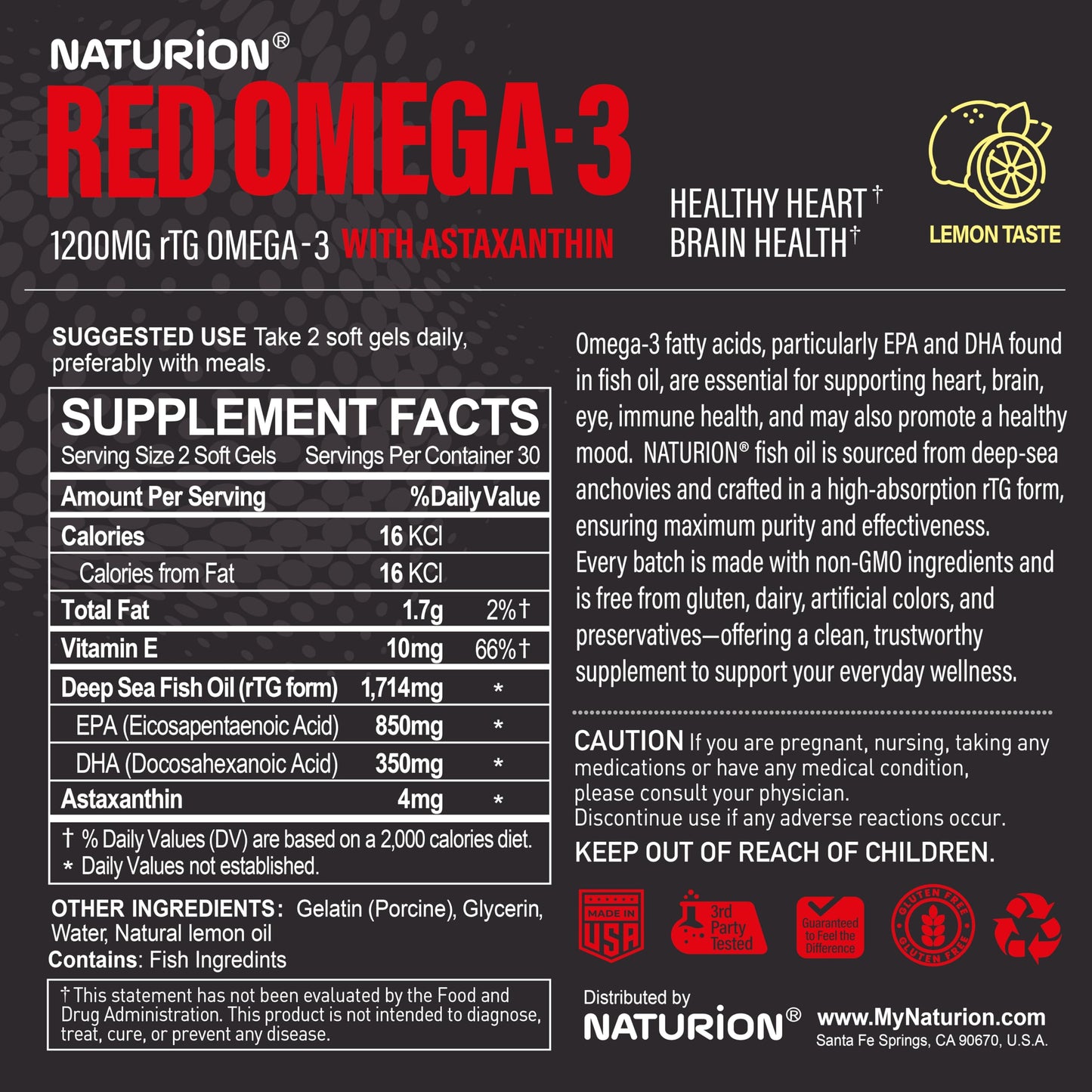 NATURION Red Omega-3 Fish Oil 1200mg rTG Omega 3 Supplement with Astaxanthin Softgels, 60 Count