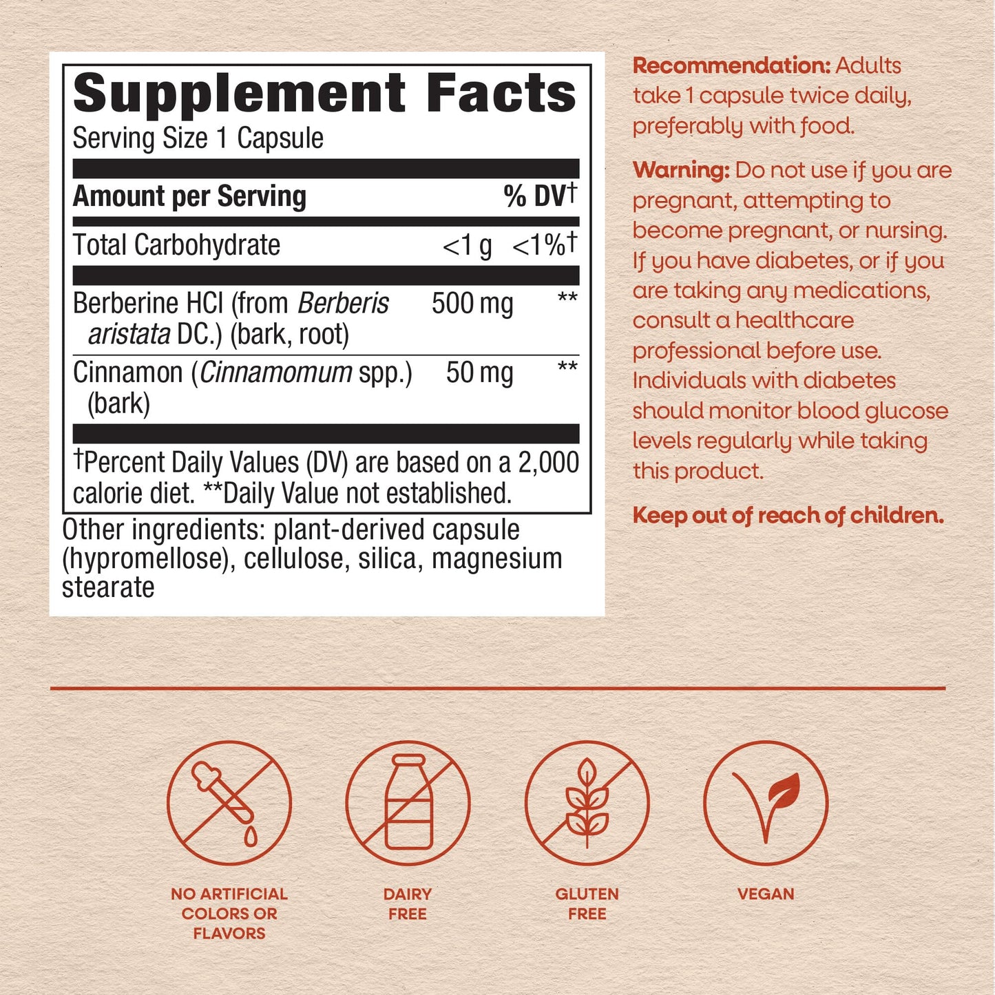 Nature's Way Berberine with Cinnamon 500 mg Berberine HCl Capsule, 60 Capsules