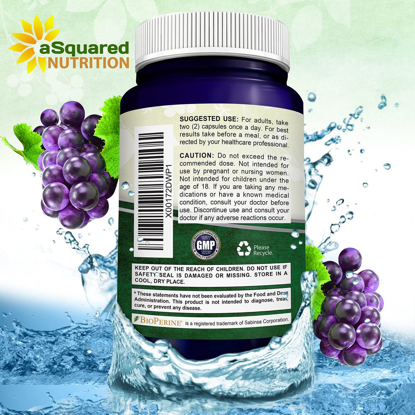 aSquared Nutrition Natural Resveratrol with Red Wine Extract Trans-Resveratrol Antioxidant Supplement Capsules, 180 Count