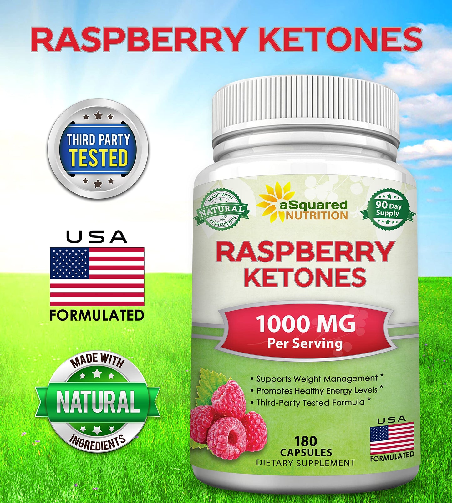 aSquared Nutrition Natural Raspberry Ketones 1000mg Capsules 180 Count