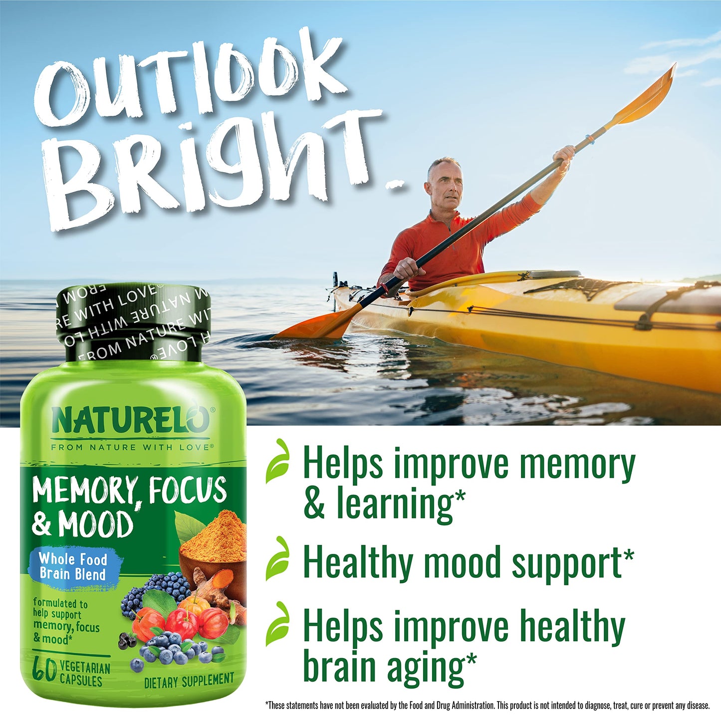 Naturelo Whole Food Brain Supplement for Focus Support Capsules, 60 Count