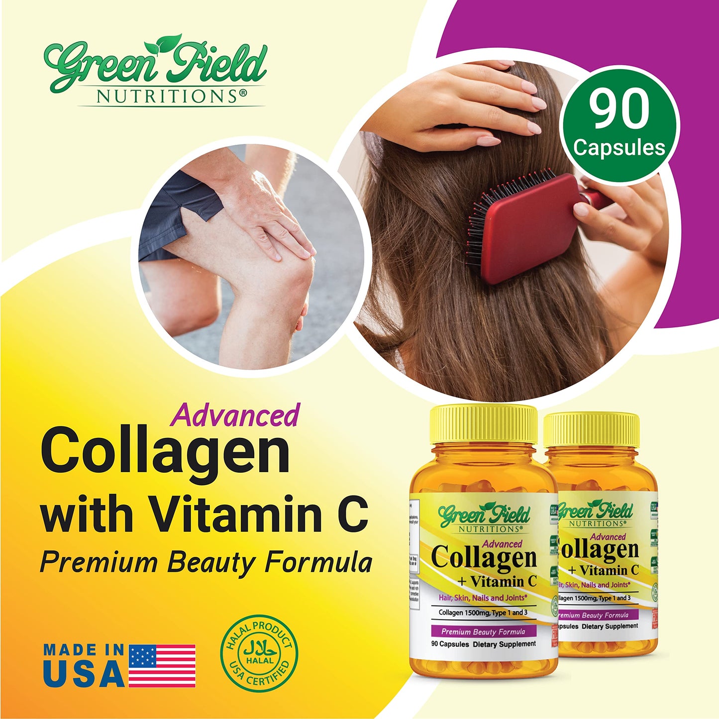 GREEN FIELD NUTRITIONS Halal Collagen Peptides 1500 mg Type I & III with Vitamin C 300 mg, Anti-Aging Formula for Hair, Skin, Nails & Joints, 90 Capsules