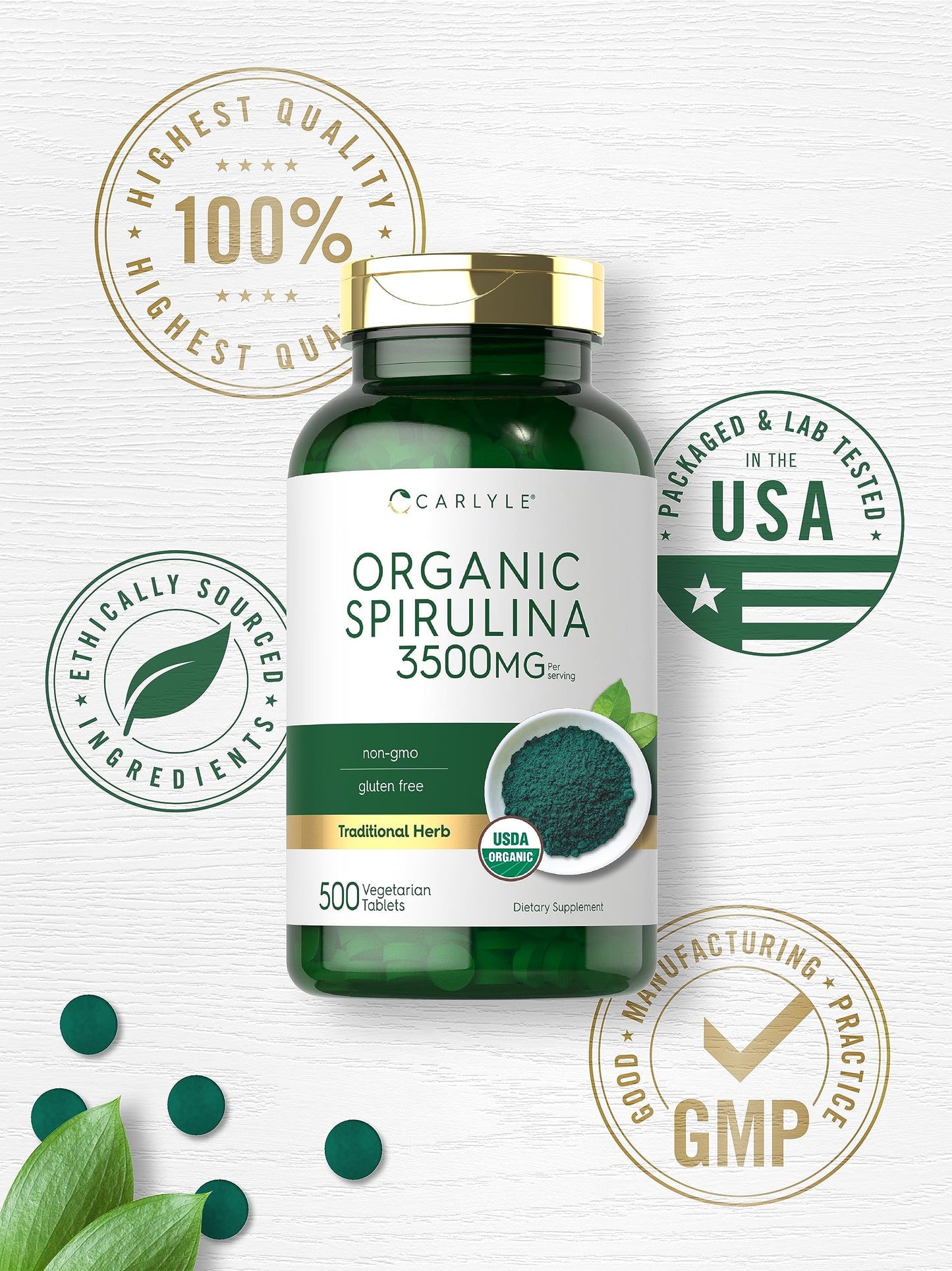Carlyle Organic Spirulina Tablets 3500mg, 500 Tablets
