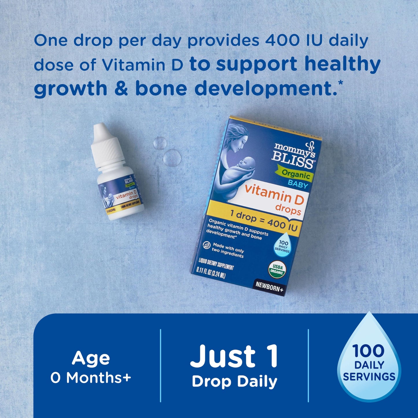 Mommy's Bliss Organic Baby Vitamin D Drops | Infant Vitamin D3 Drops Promote Healthy Growth and Bone Development | Newborn+ | 0.11 Fl Oz (100 Servings) | Pack of 2