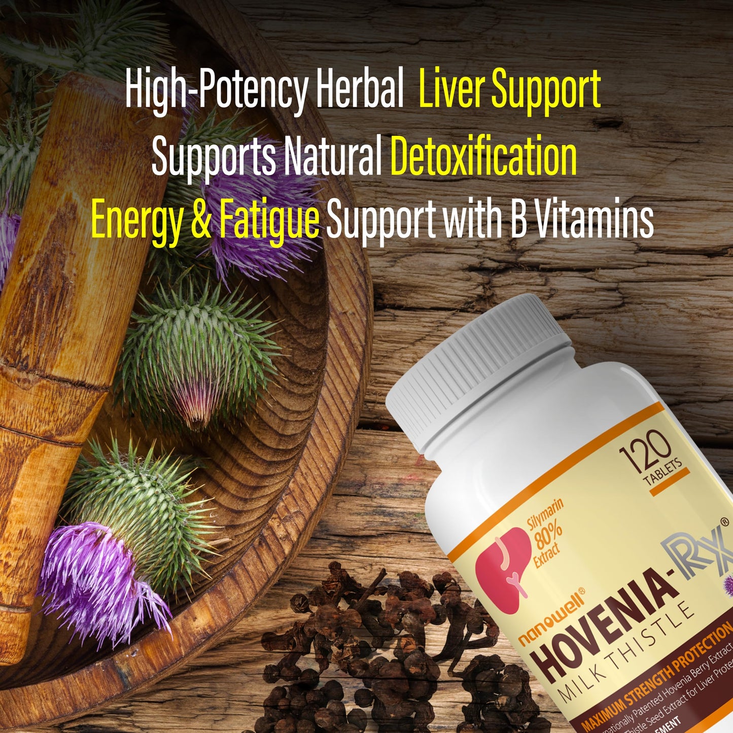 NANOWELL Hovenia-RX Milk Thistle Liver Support Supplement with 80% Silymarin Milk Thistle Seed Extract, 120 Tablets