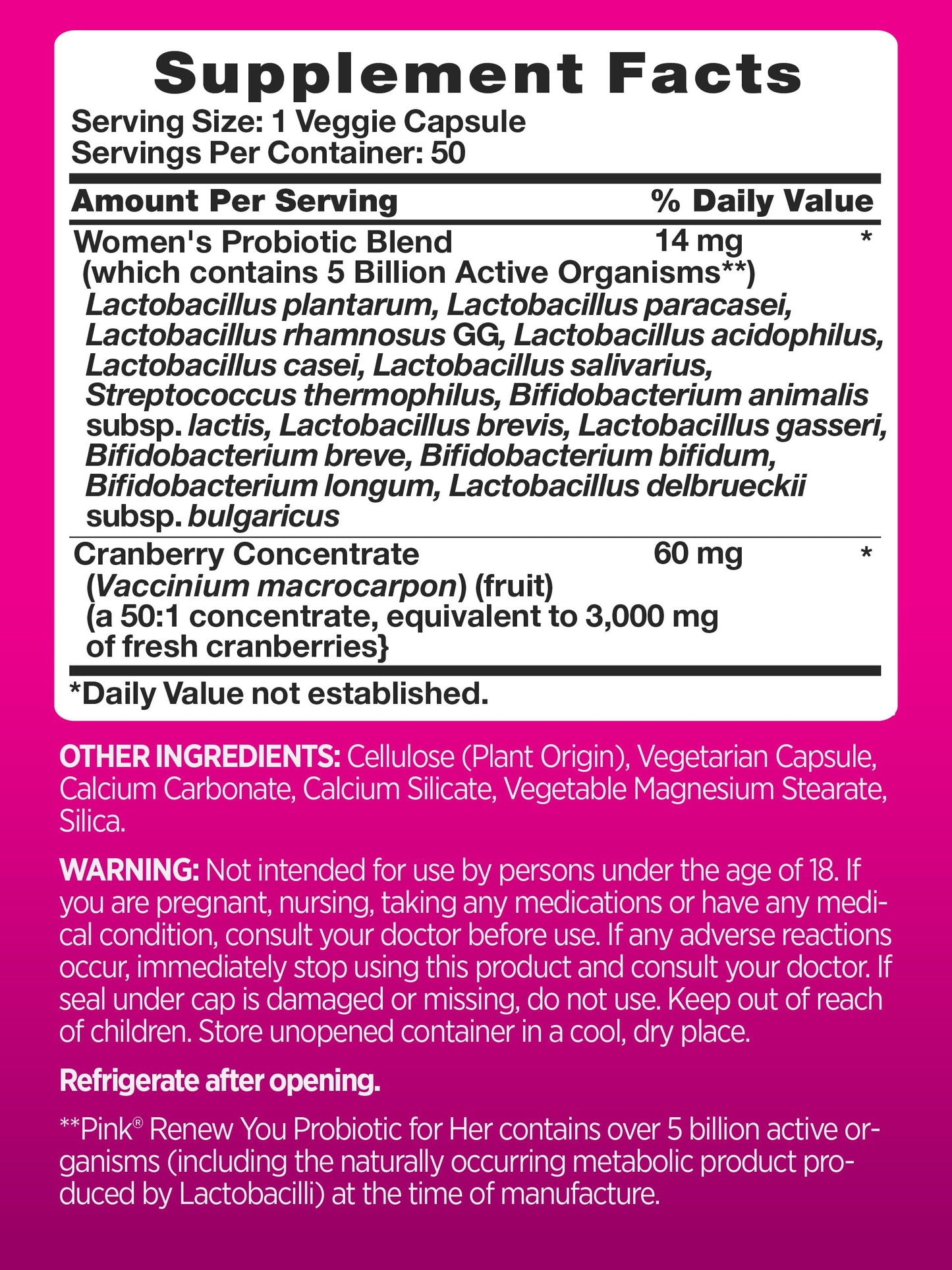 PINK Probiotics for Women Capsules, 50 Count