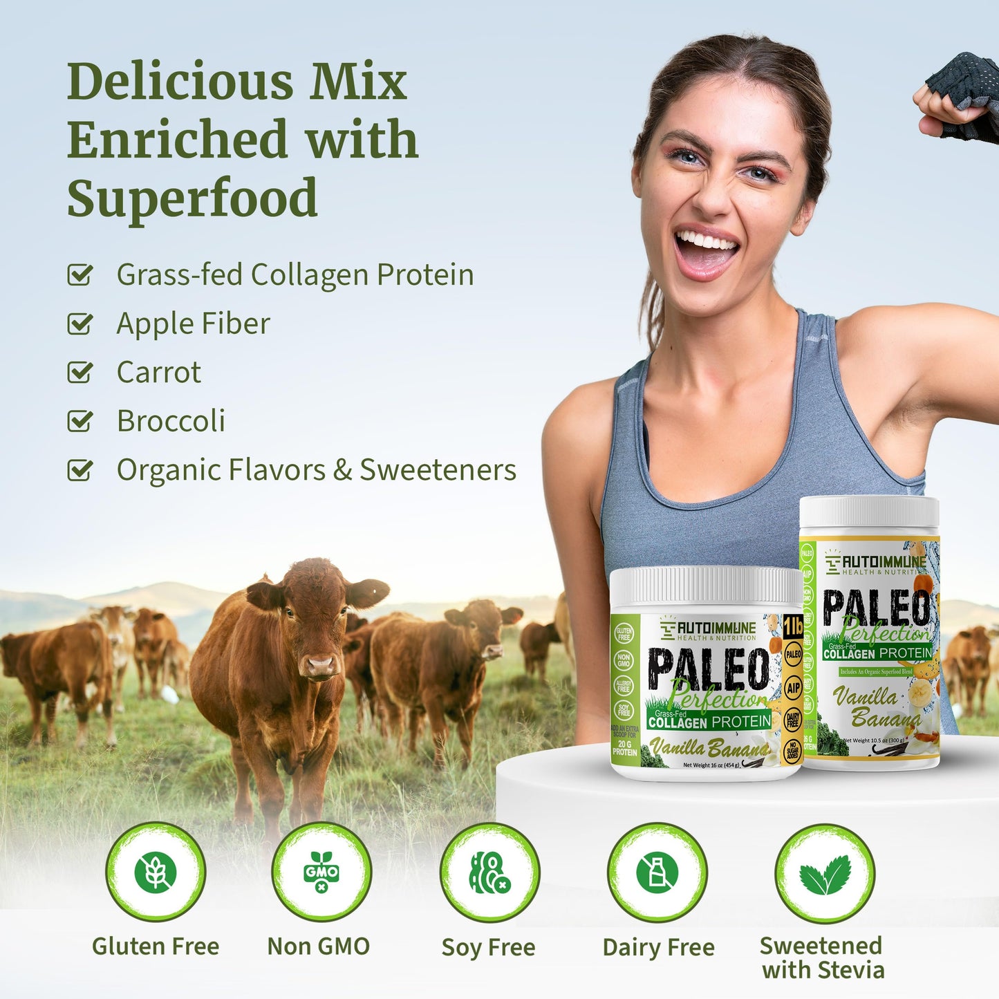 Autoimmune Health & Nutrition Paleo Perfection Vanilla Banana Grass Fed Beef Collagen Protein Powder with Stevia, 10.5 Ounce