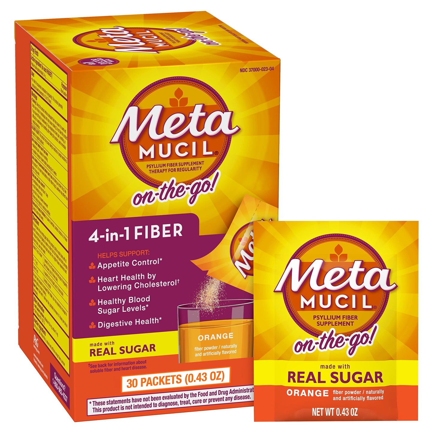 Metamucil On-the-Go Daily Psyllium Husk Powder Supplement, Orange Smooth Flavor, 60 Packs