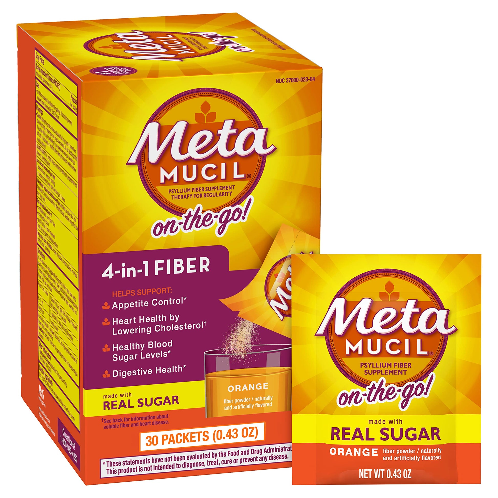 Metamucil On-the-Go Psyllium Husk Powder Supplement - Orange Smooth Flavor, 60 Packets, 12.9 oz Total