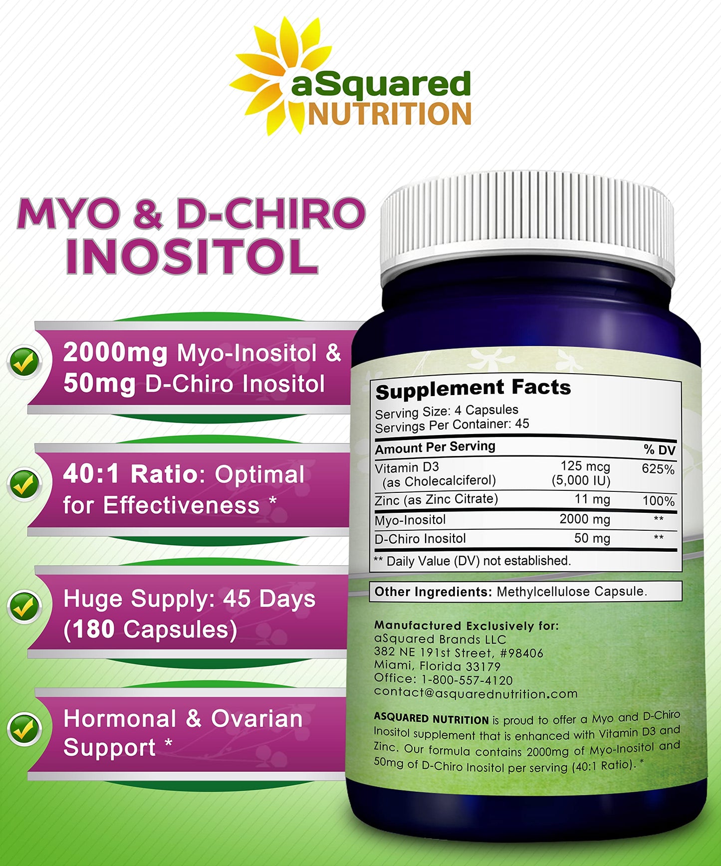 aSquared Nutrition Myo-Inositol & D-Chiro Inositol Supplement - 180 Capsules