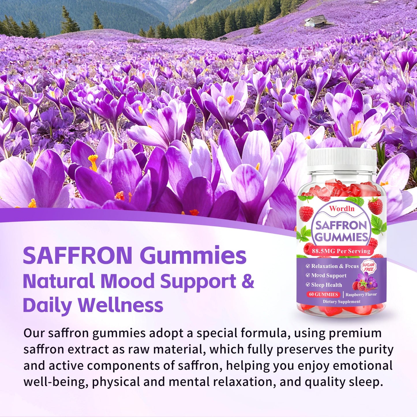 Wordln Saffron Gummies with 88.5mg Saffron Extract, Ashwagandha & L-Theanine for Relaxation, Focus & Mood Support, 120 Gummies