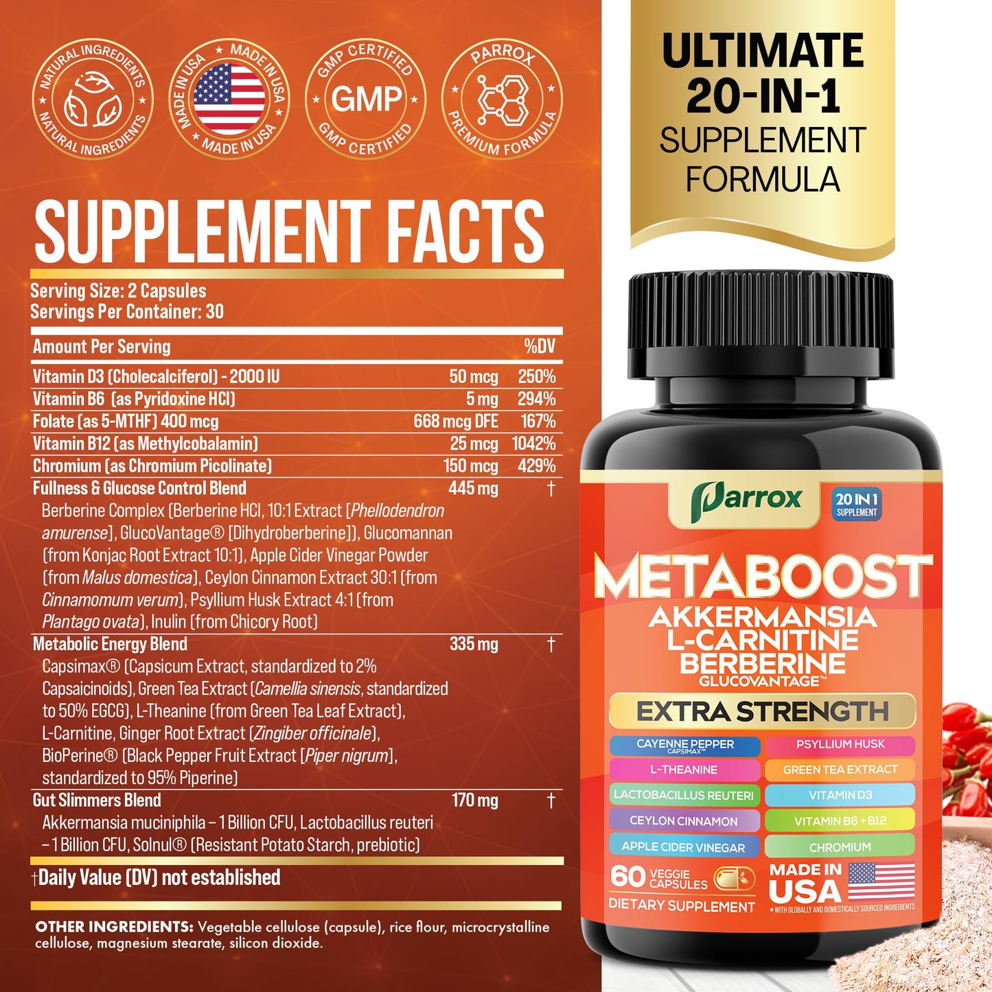 Parrox GLP-1 Booster Supplement, Capsule, 180 Count