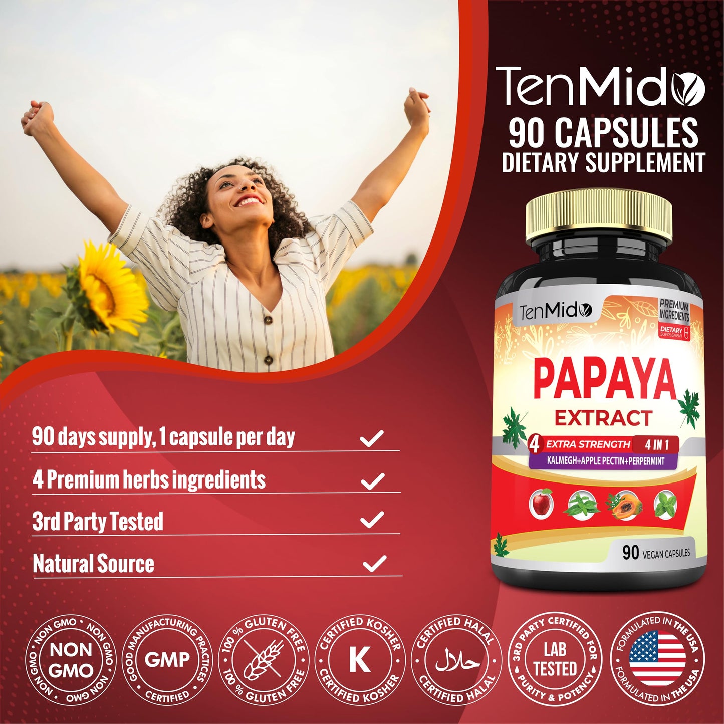 Tenmido Papaya Leaf Extract Supplements Capsules, 90 Count
