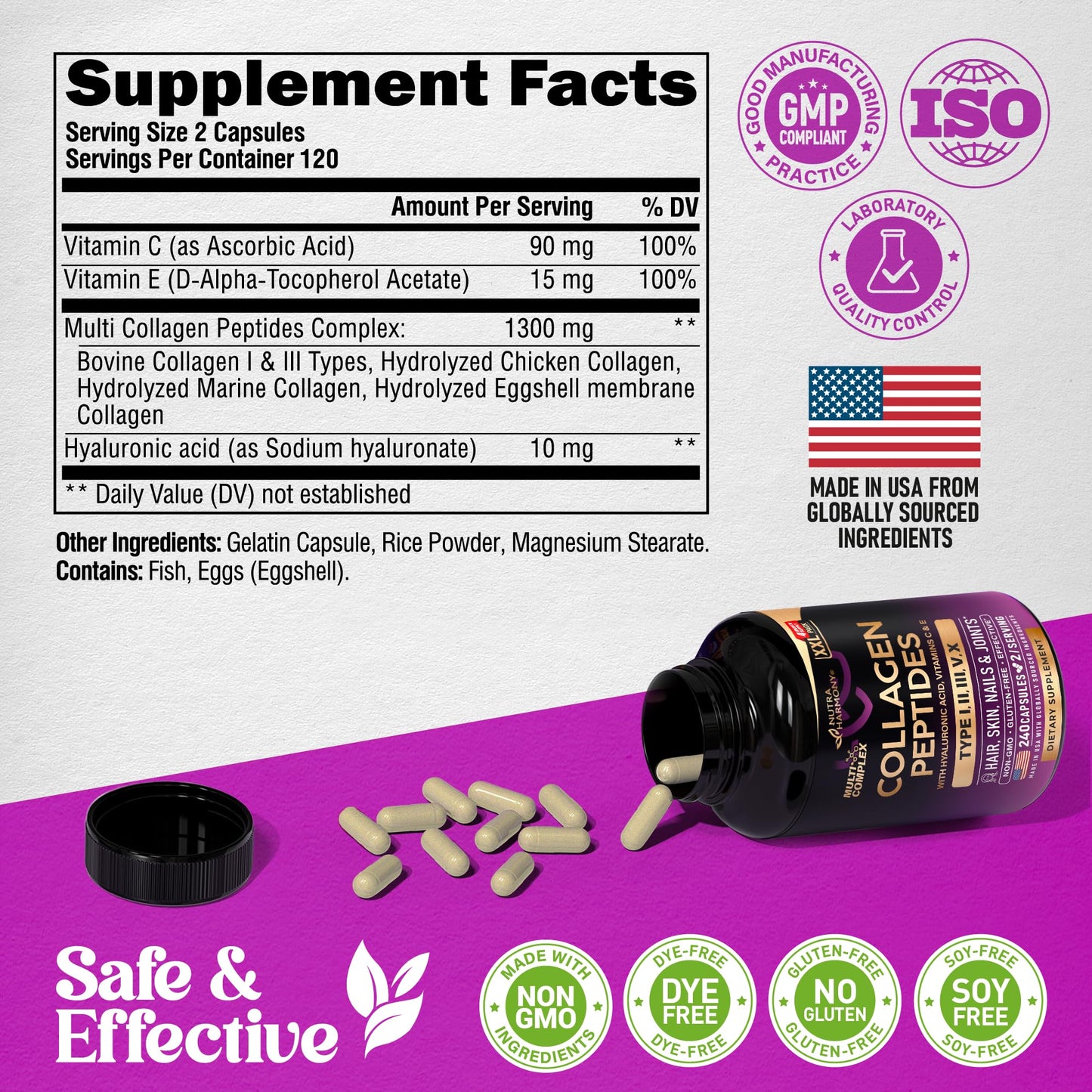 NUTRAHARMONY Multi Collagen Peptides 1300mg Hydrolyzed Types I II III V & X Capsules 240