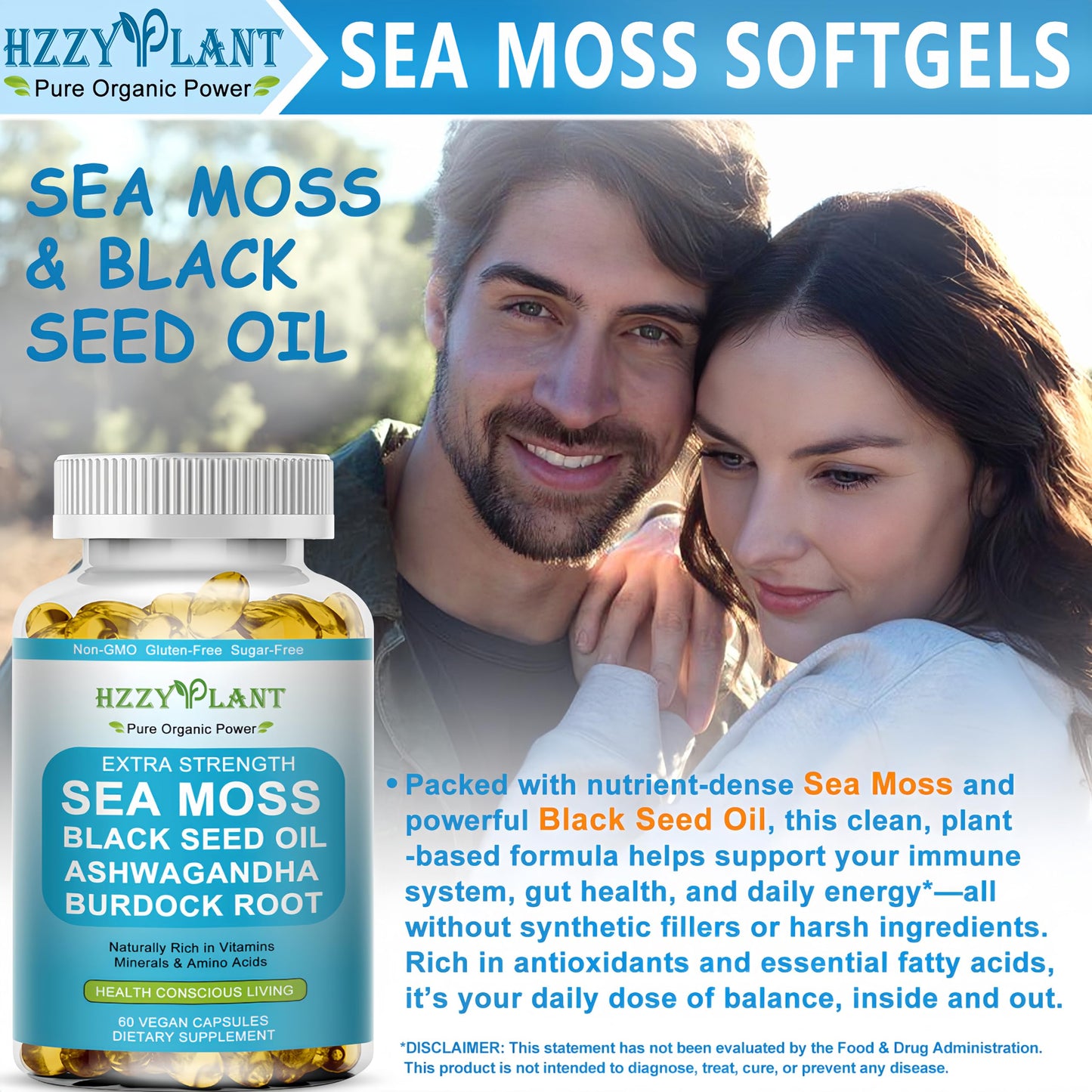 HZZYPLANT High Absorption Irish Sea Moss Advanced with Black Seed Oil, Ashwagandha, Turmeric & Burdock Root Softgels, 60 Count