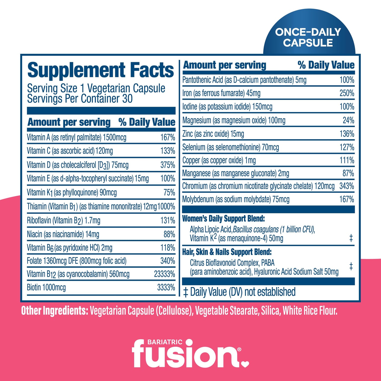 Bariatric Fusion Bariatric Multivitamin with Iron for Women Hair, Skin and Nails Blend for Hair Loss After Bariatric Surgery & GLP-1 Capsules, 30 Count