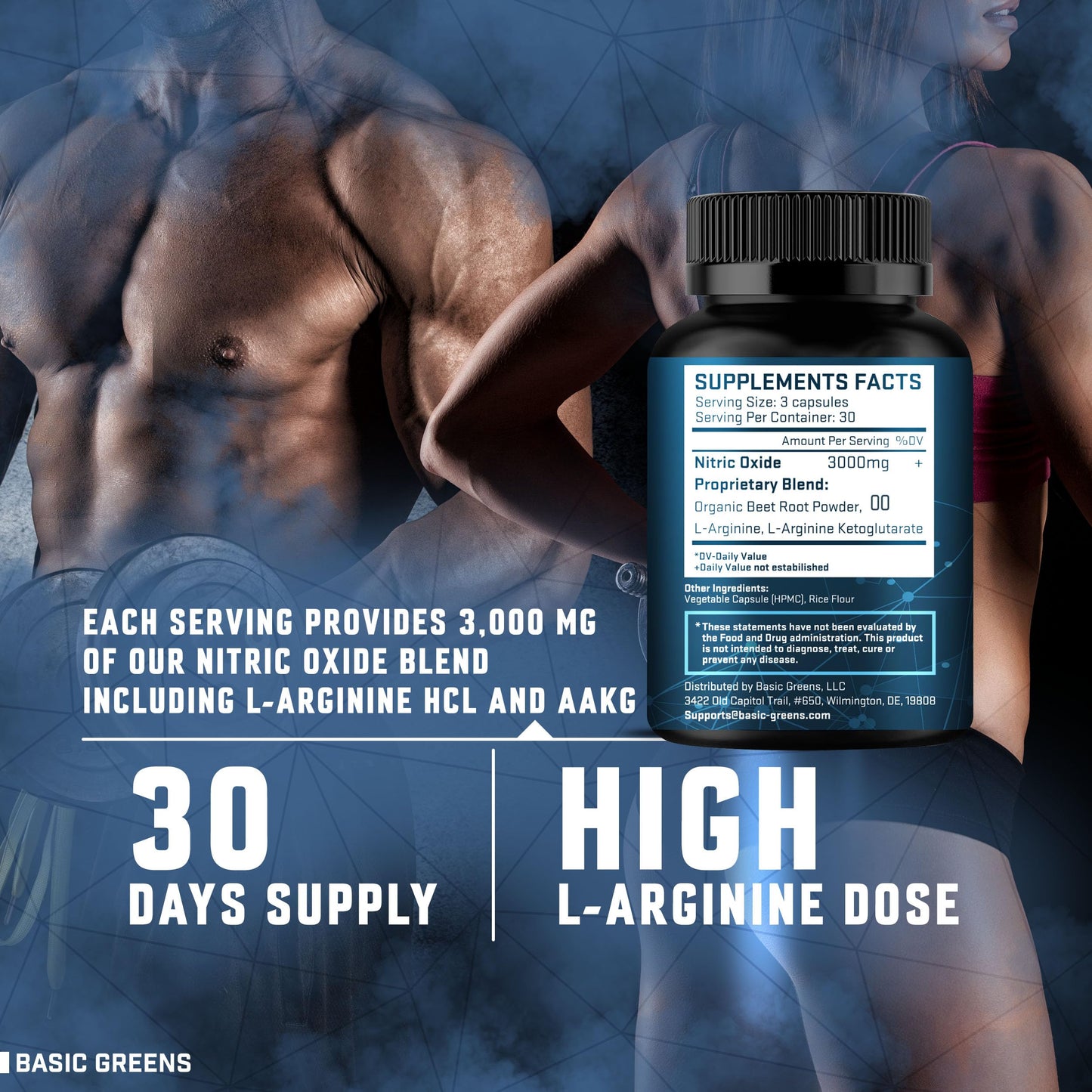 BASIC GREENS L Arginine 3000mg Nitric Oxide Supplement Capsule 180 Count Pack of 2