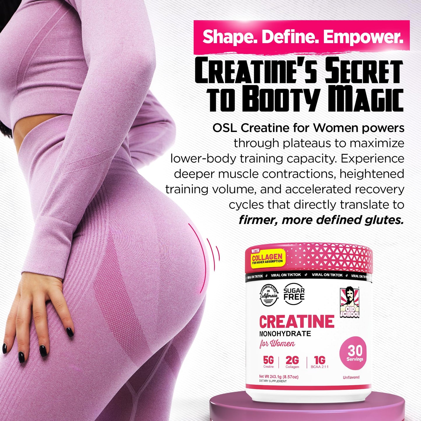 Old School Labs Creatine for Women – Post-Workout Supplement with 5000mg Creatine Monohydrate, 2000mg Collagen & BCAA 2:1:1 for Strength Support & Recovery, Unflavored, Powder, 8.57 Ounce