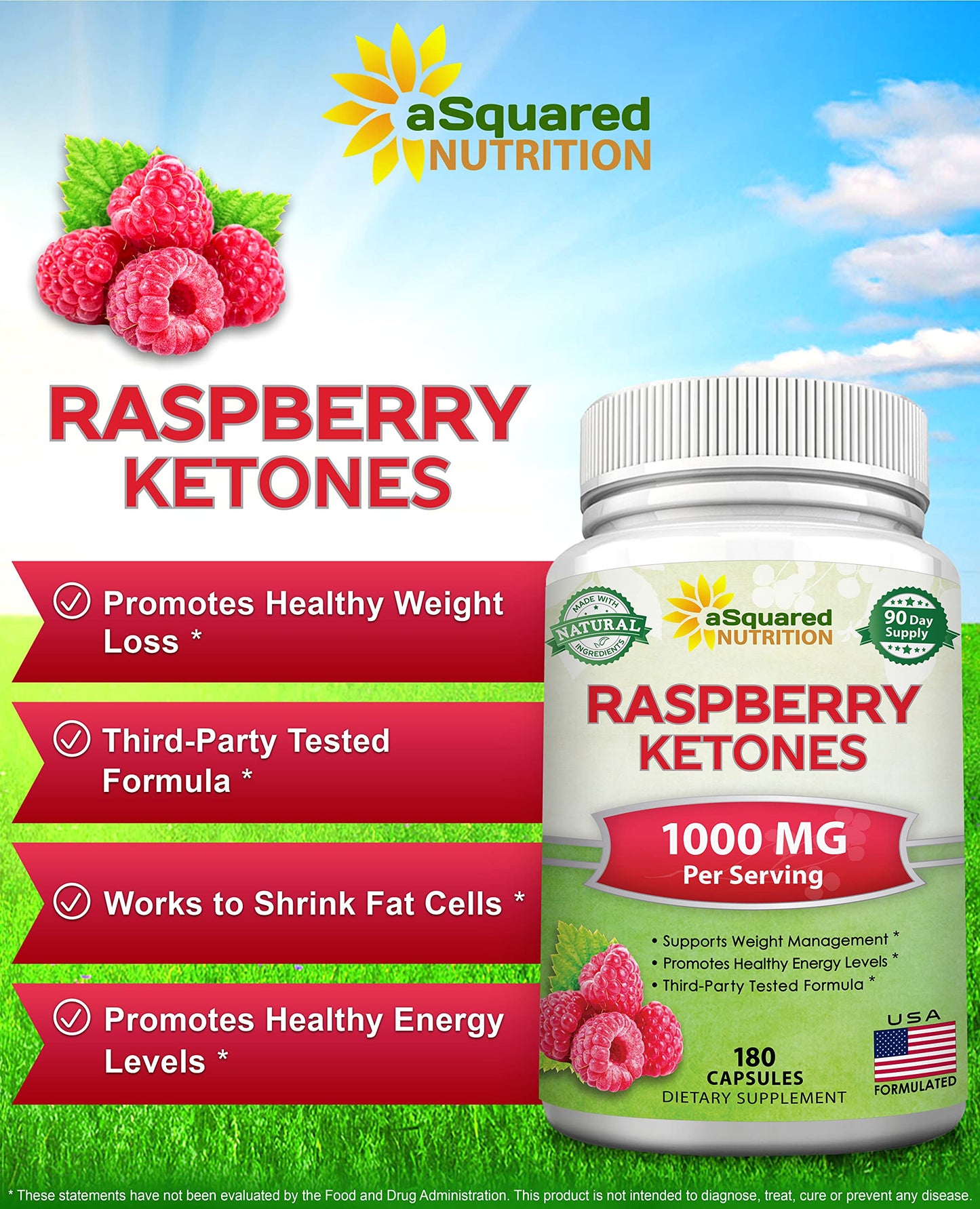 aSquared Nutrition Natural Raspberry Ketones 1000mg Capsules 180 Count
