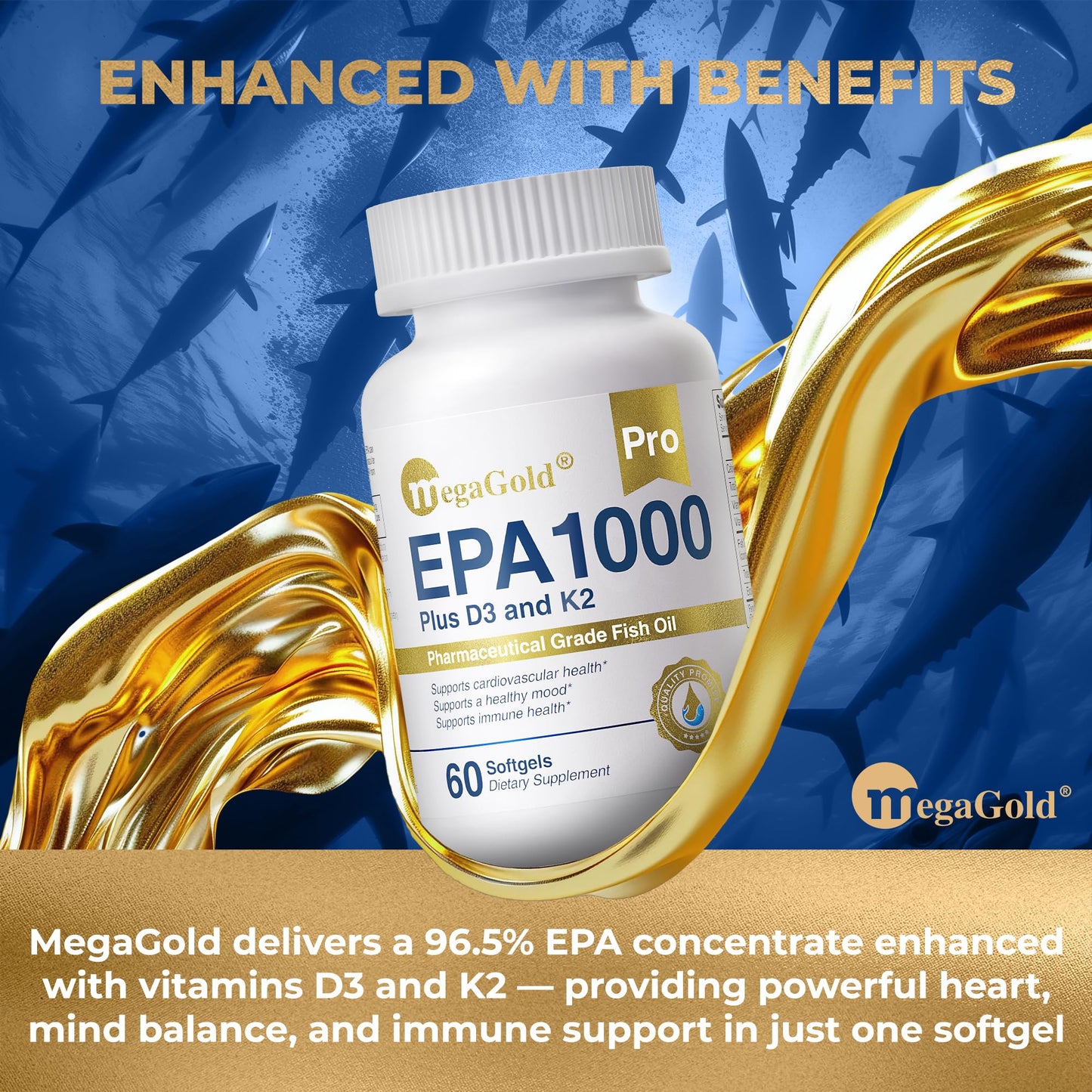 MegaGold Pro Fish Oil EPA 1000mg Omega 3 with Vitamins D3 & K2 Softgels 60