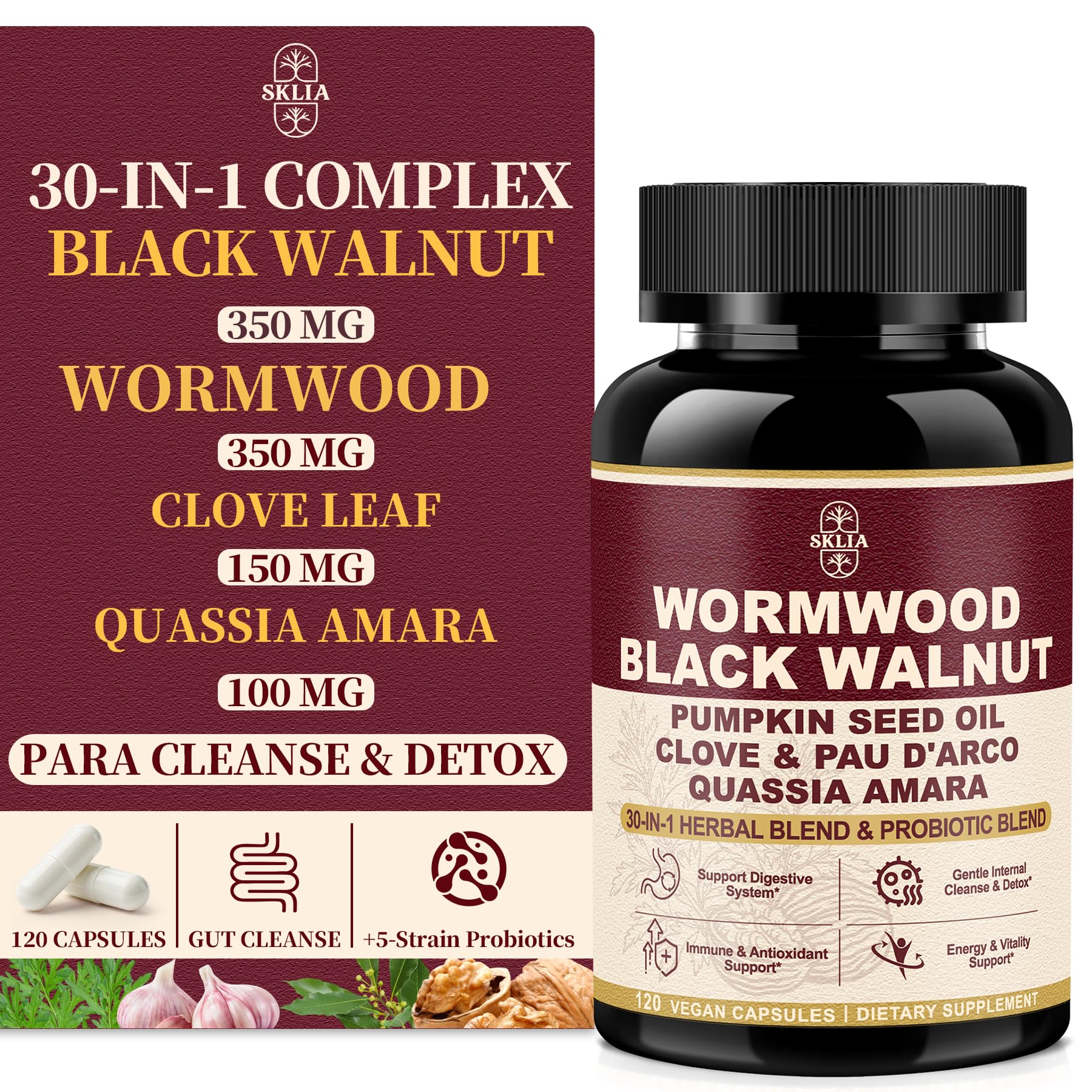 SKLIA 30-in-1 Liposomal Wormwood Black Walnut Clove Cleanse Capsules, 120 Count