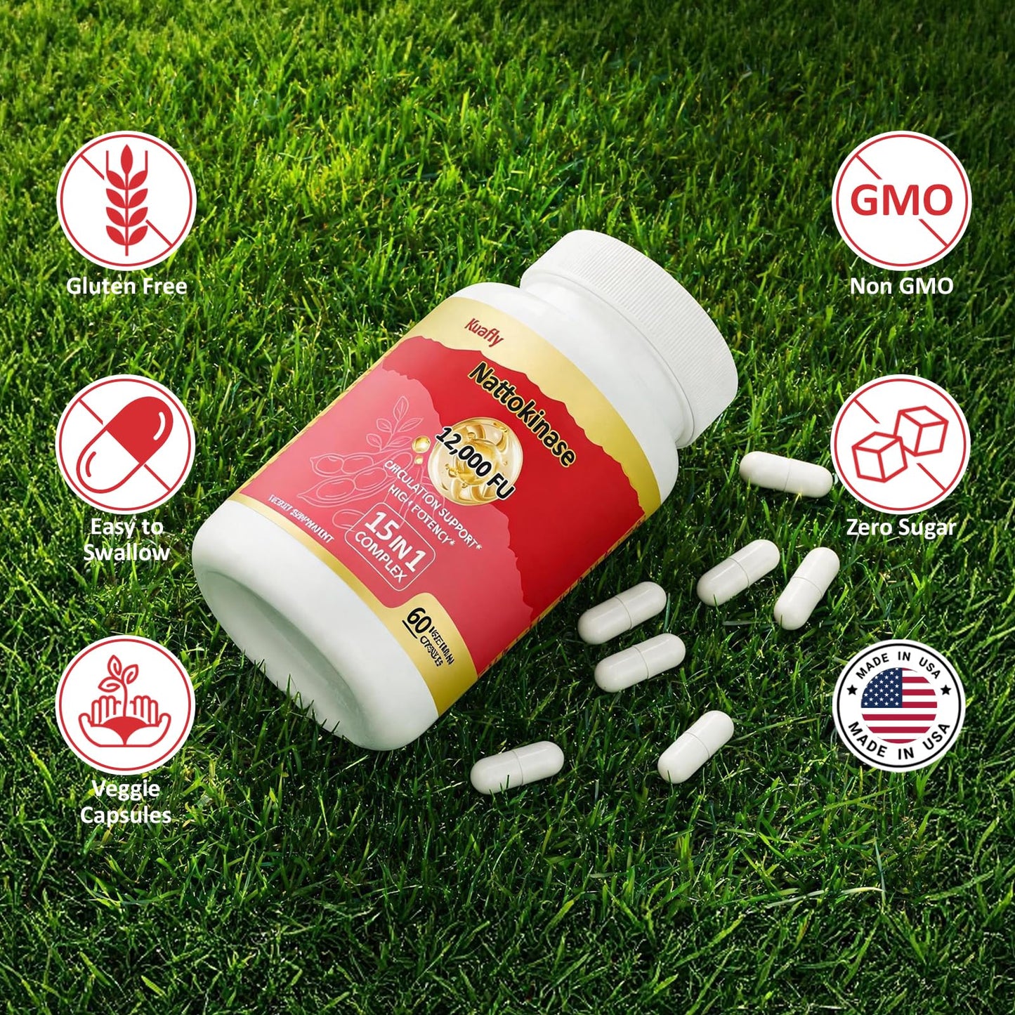 KUAFLY Nattokinase Supplement 12000 FU 15 in 1 for Heart Health & Circulation Capsule 60 Count